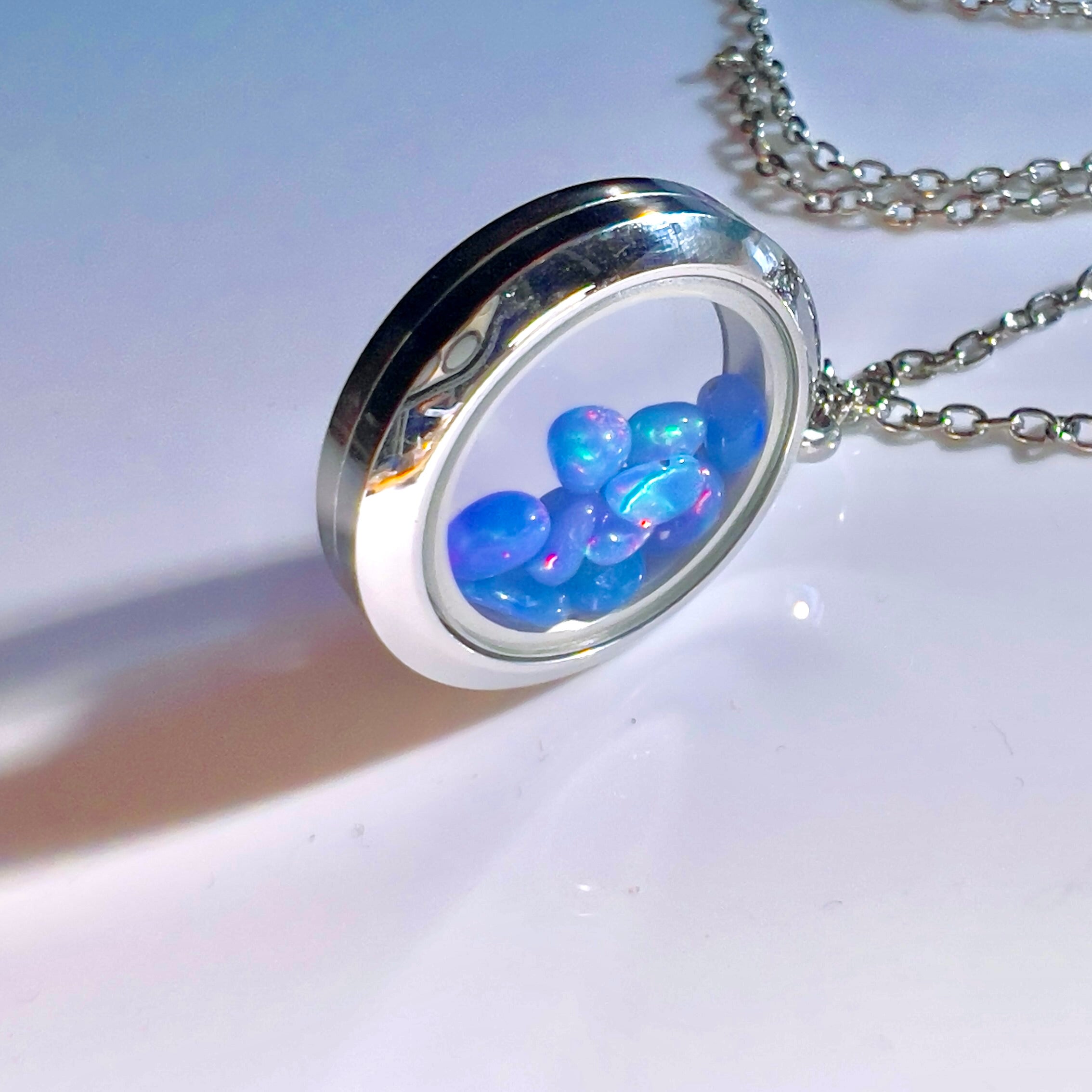 Silver Locket Glass Pendant Necklace Filled with Floating AAA Ethiopian Opals, October Birthstone Jewellery