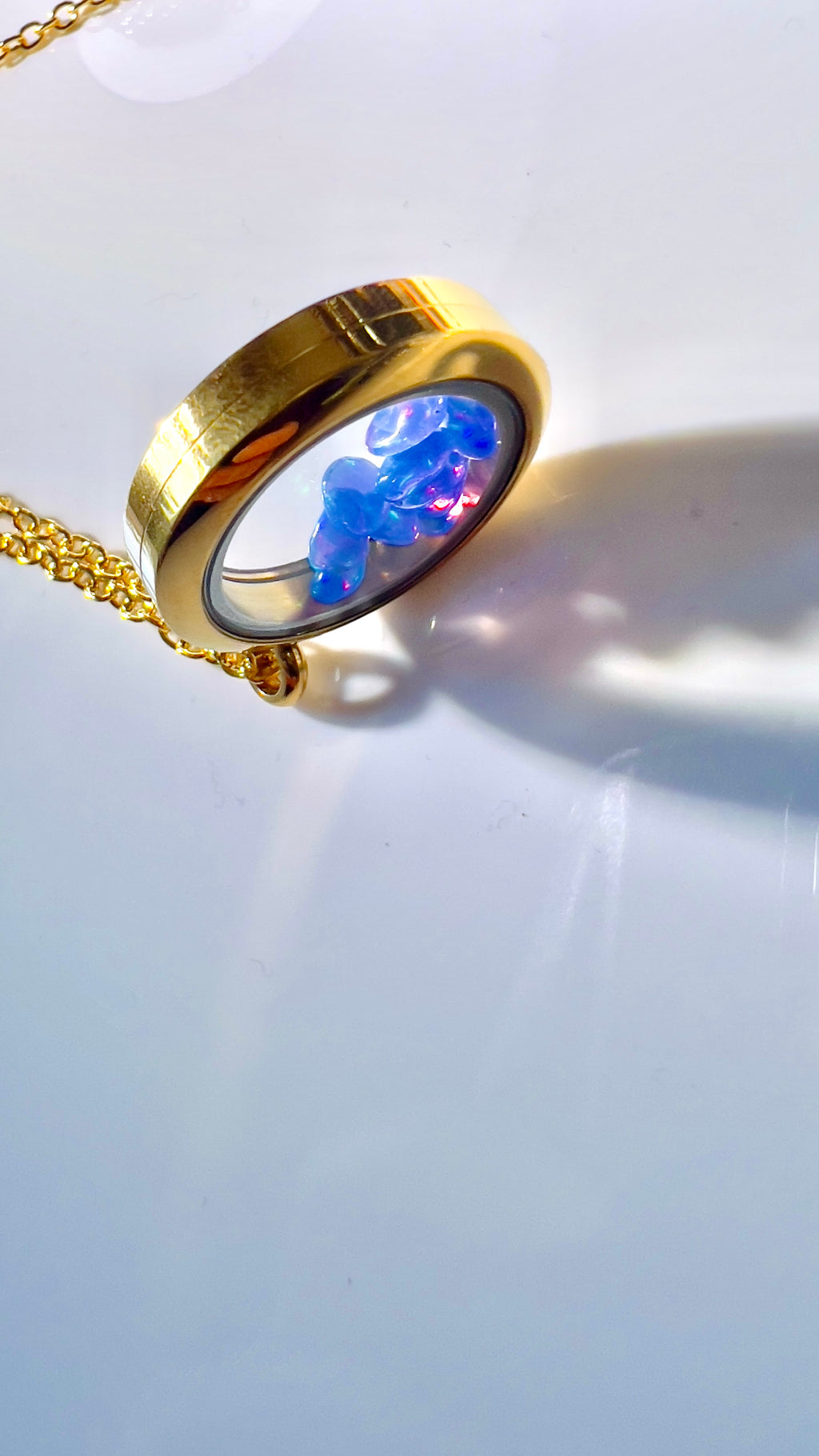 Gold Locket Glass Pendant Necklace Filled with Floating AAA Ethiopian Opals, October Birthstone Jewellery