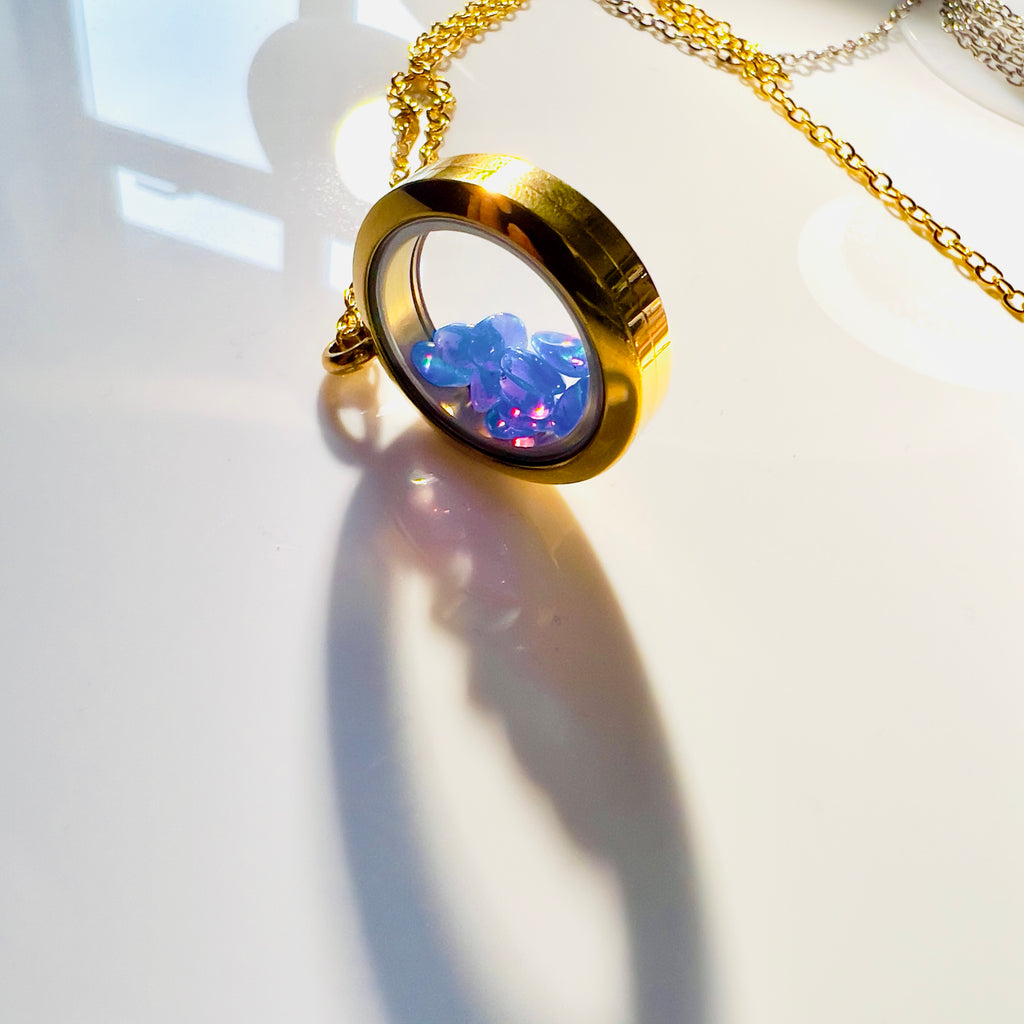 Gold Locket Glass Pendant Necklace Filled with Floating AAA Ethiopian Opals, October Birthstone Jewellery