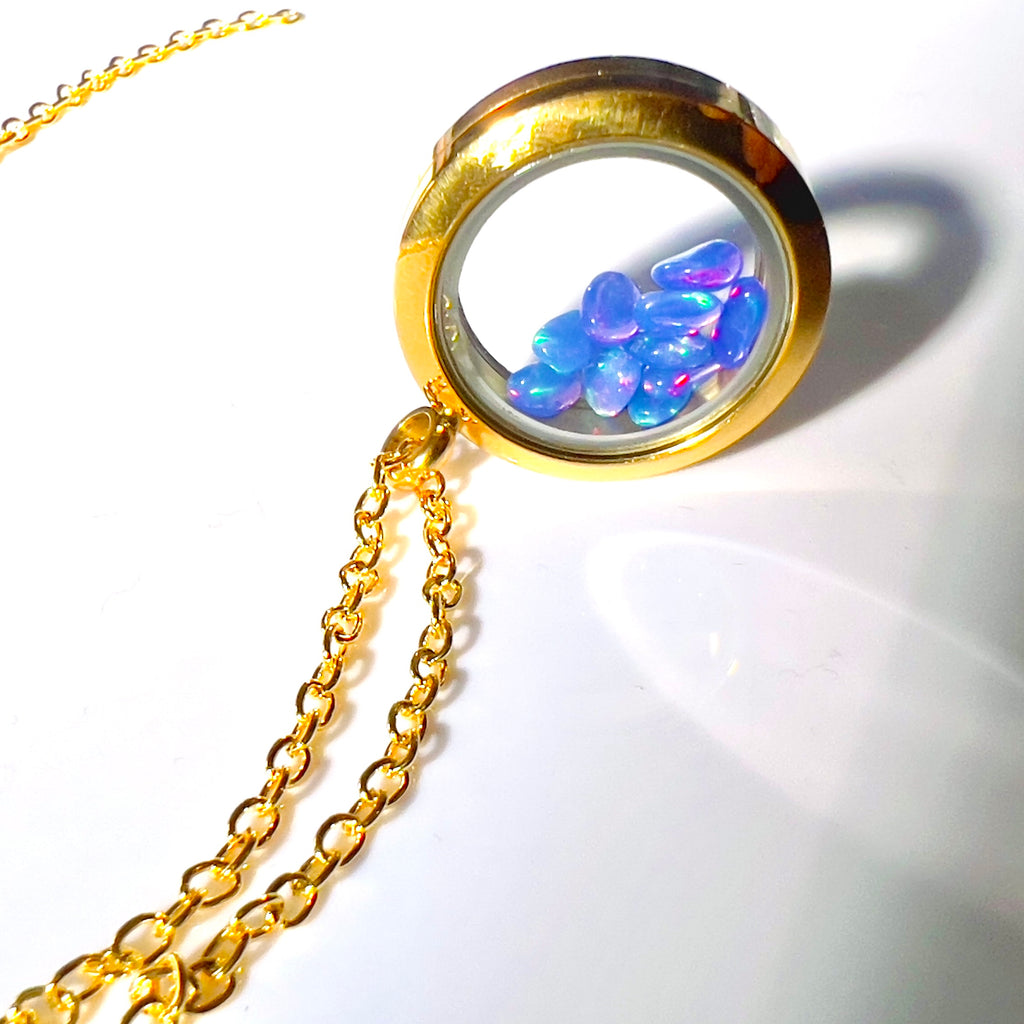 Gold Locket Glass Pendant Necklace Filled with Floating AAA Ethiopian Opals, October Birthstone Jewellery