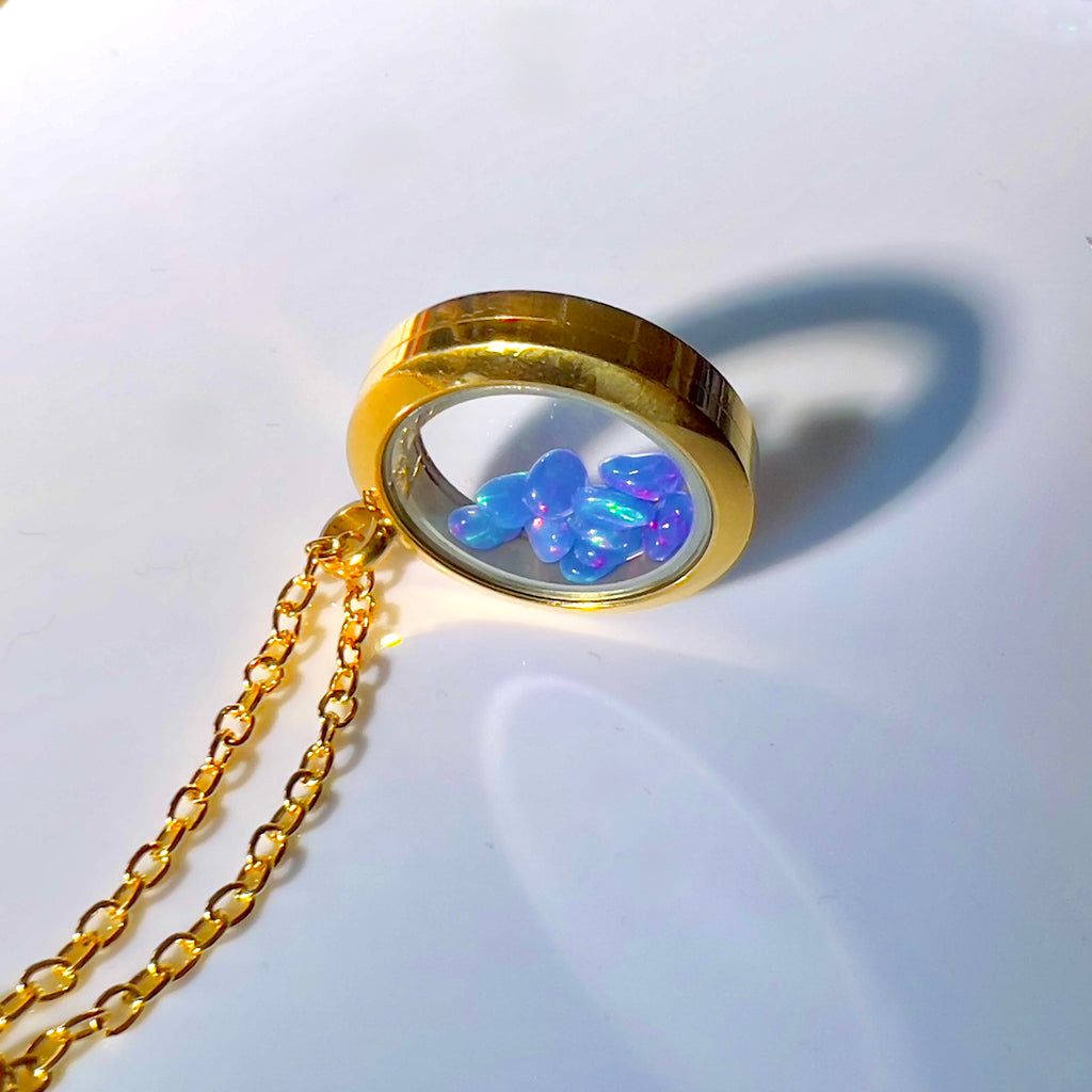 Gold Locket Glass Pendant Necklace Filled with Floating AAA Ethiopian Opals, October Birthstone Jewellery