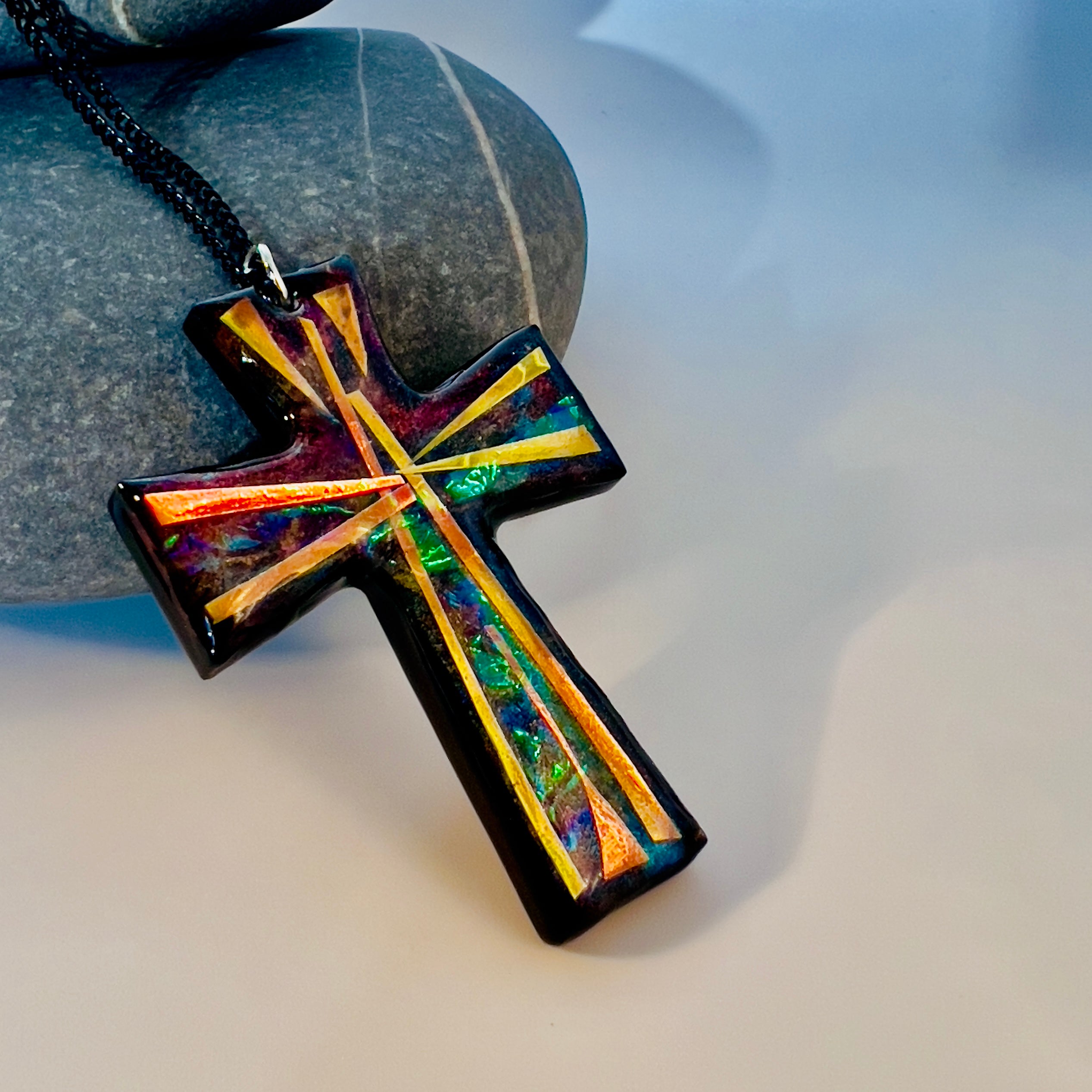 Dichroic Resin Cross Pendant: Iridescent Blue Silver Crucifix Necklace, Unique