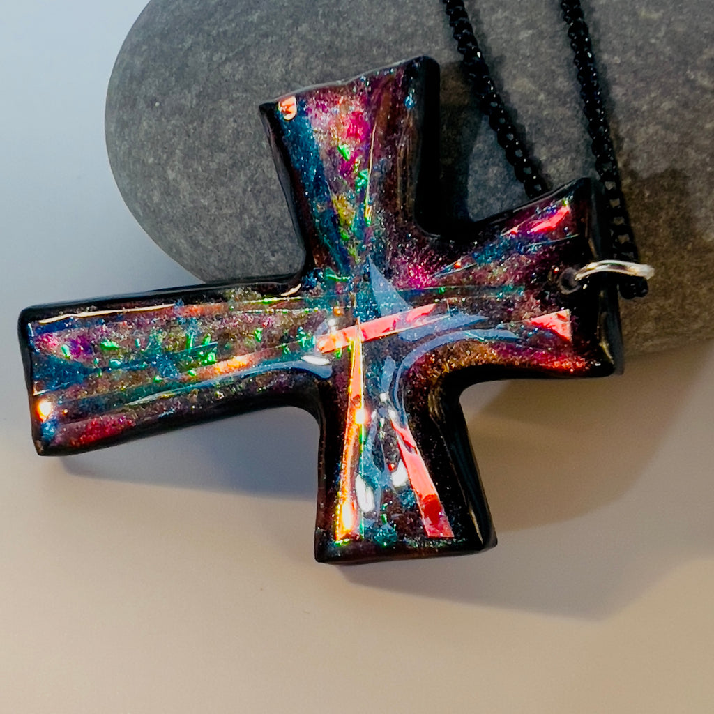 Dichroic Resin Cross Pendant: Iridescent Blue Silver Crucifix Necklace, Unique