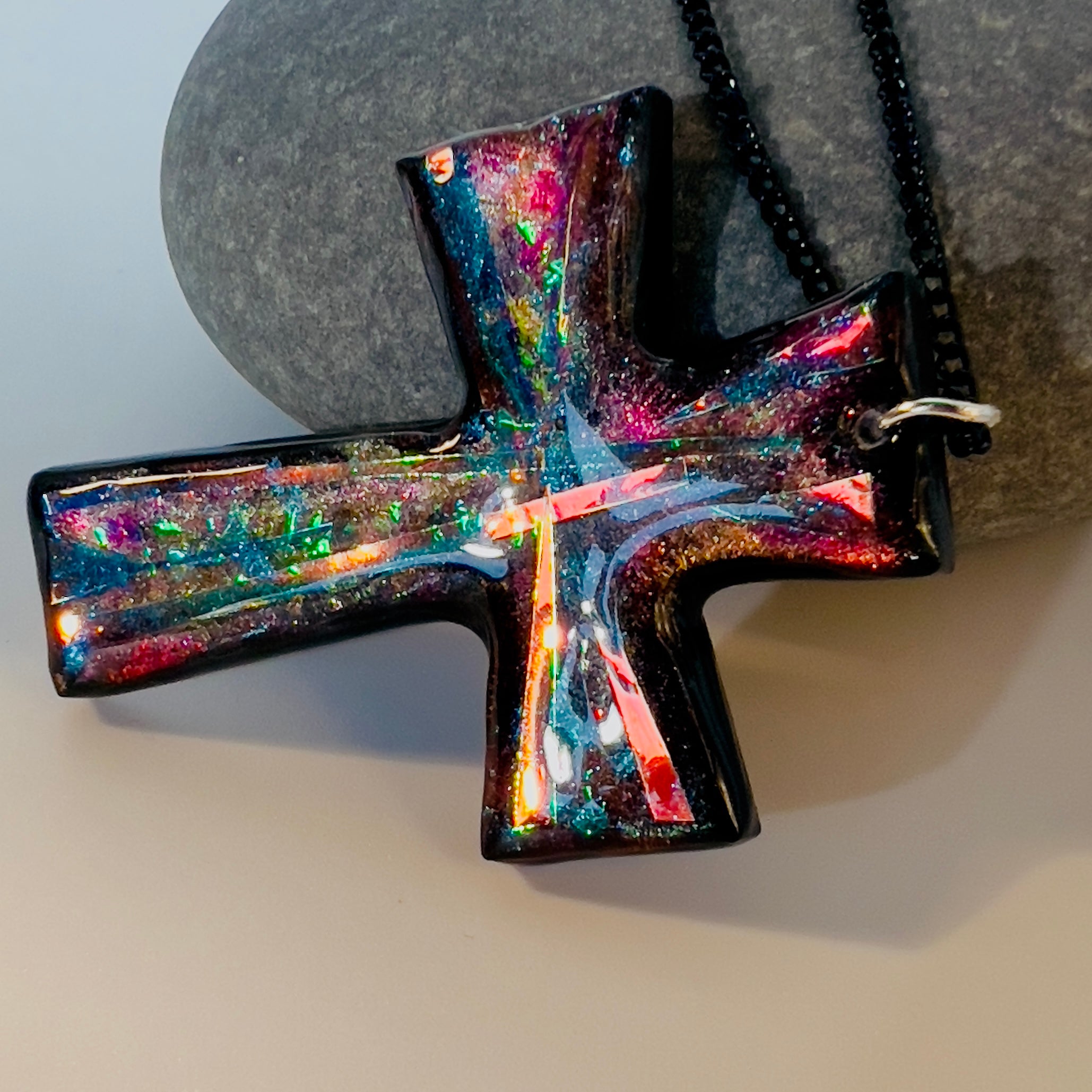 Dichroic Resin Cross Pendant: Iridescent Blue Silver Crucifix Necklace, Unique