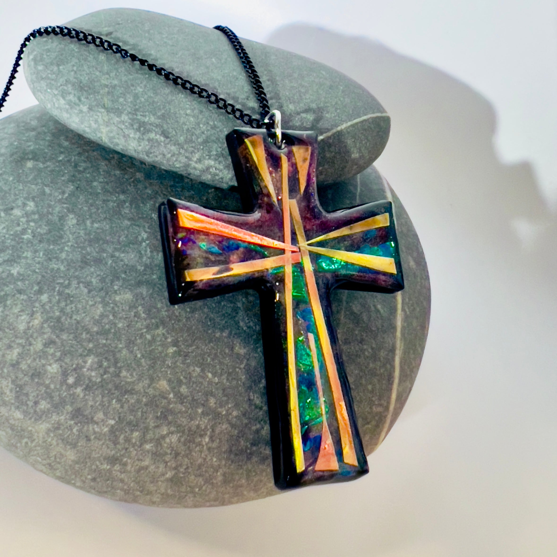 Dichroic Resin Cross Pendant: Iridescent Blue Silver Crucifix Necklace, Unique