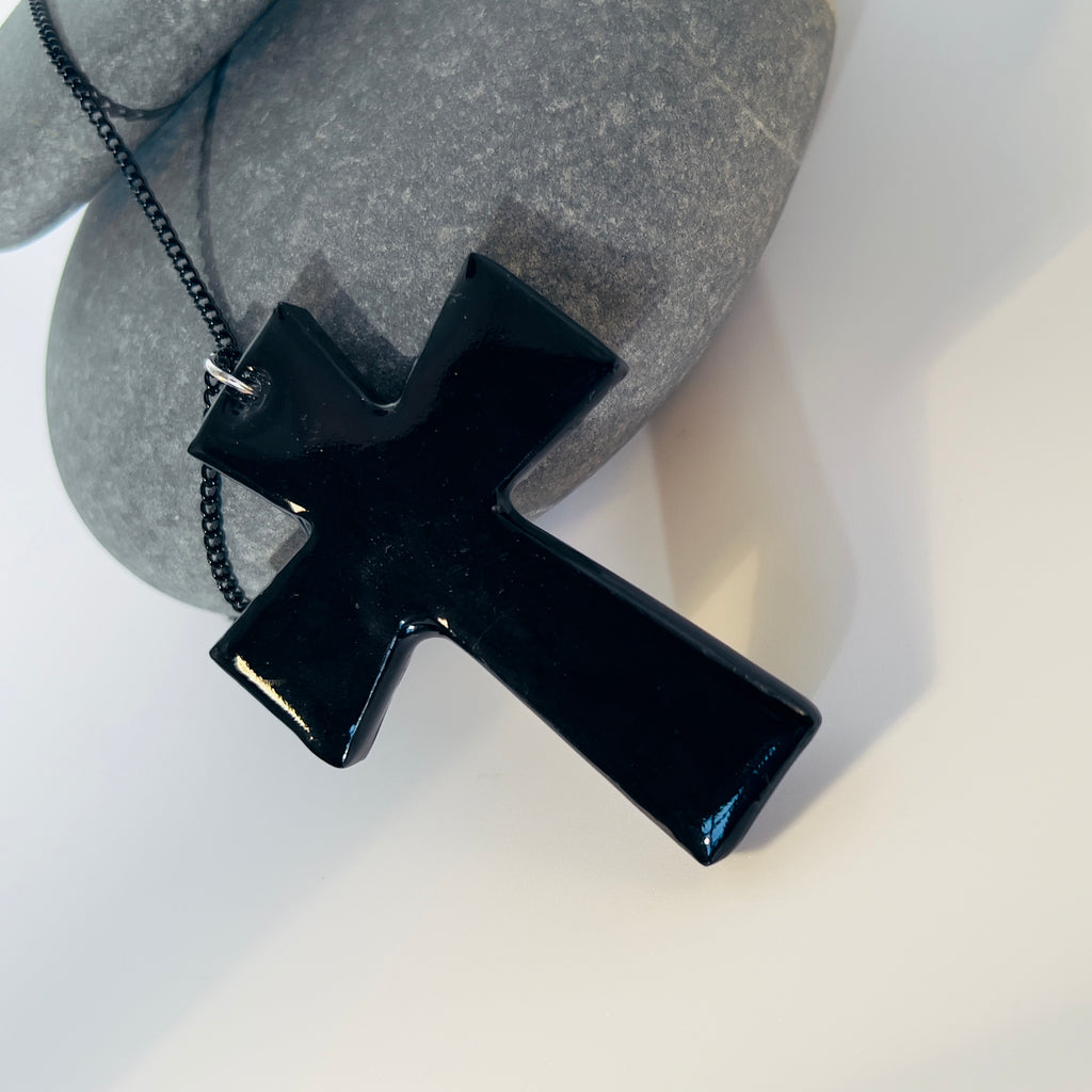 Dichroic Resin Cross Pendant: Iridescent Blue Silver Crucifix Necklace, Unique