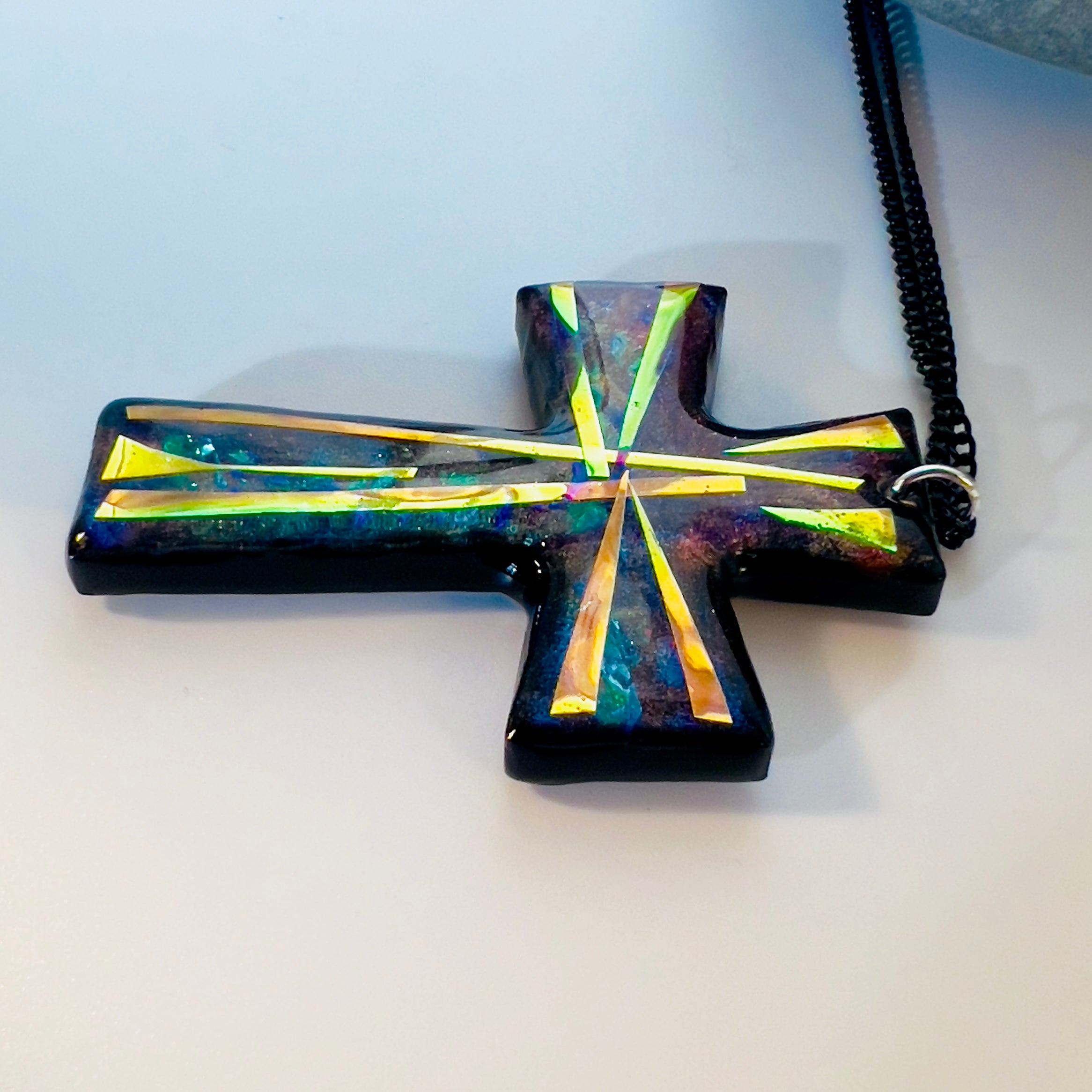 Dichroic Resin Cross Pendant: Iridescent Blue Silver Crucifix Necklace, Unique