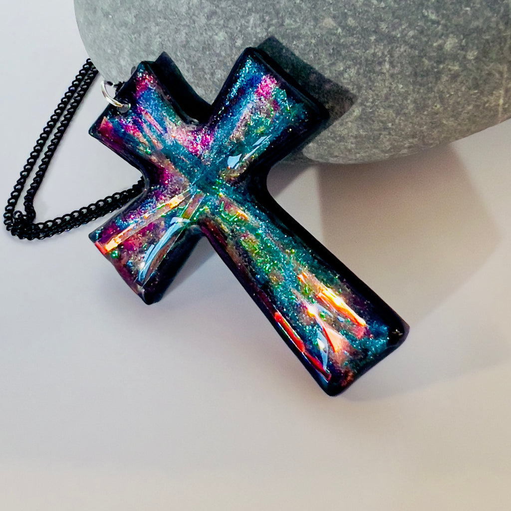 Dichroic Resin Cross Pendant: Iridescent Blue Silver Crucifix Necklace, Unique