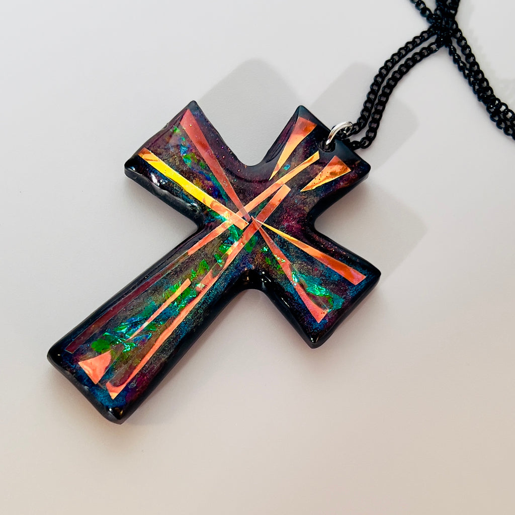 Dichroic Resin Cross Pendant: Iridescent Blue Silver Crucifix Necklace, Unique