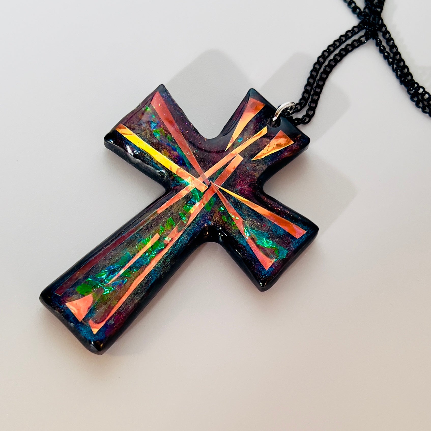 Dichroic Resin Cross Pendant: Iridescent Blue Silver Crucifix Necklace, Unique