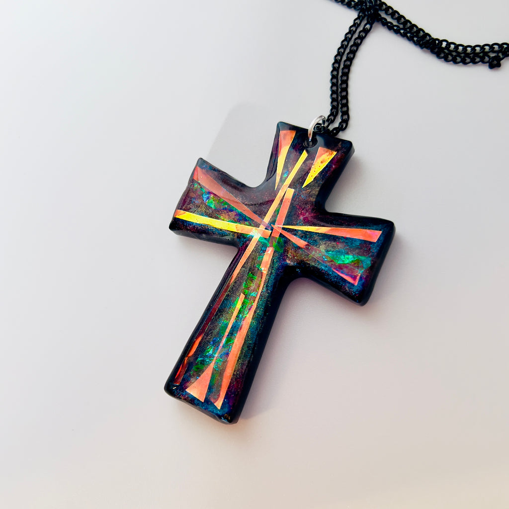 Dichroic Resin Cross Pendant: Iridescent Blue Silver Crucifix Necklace, Unique