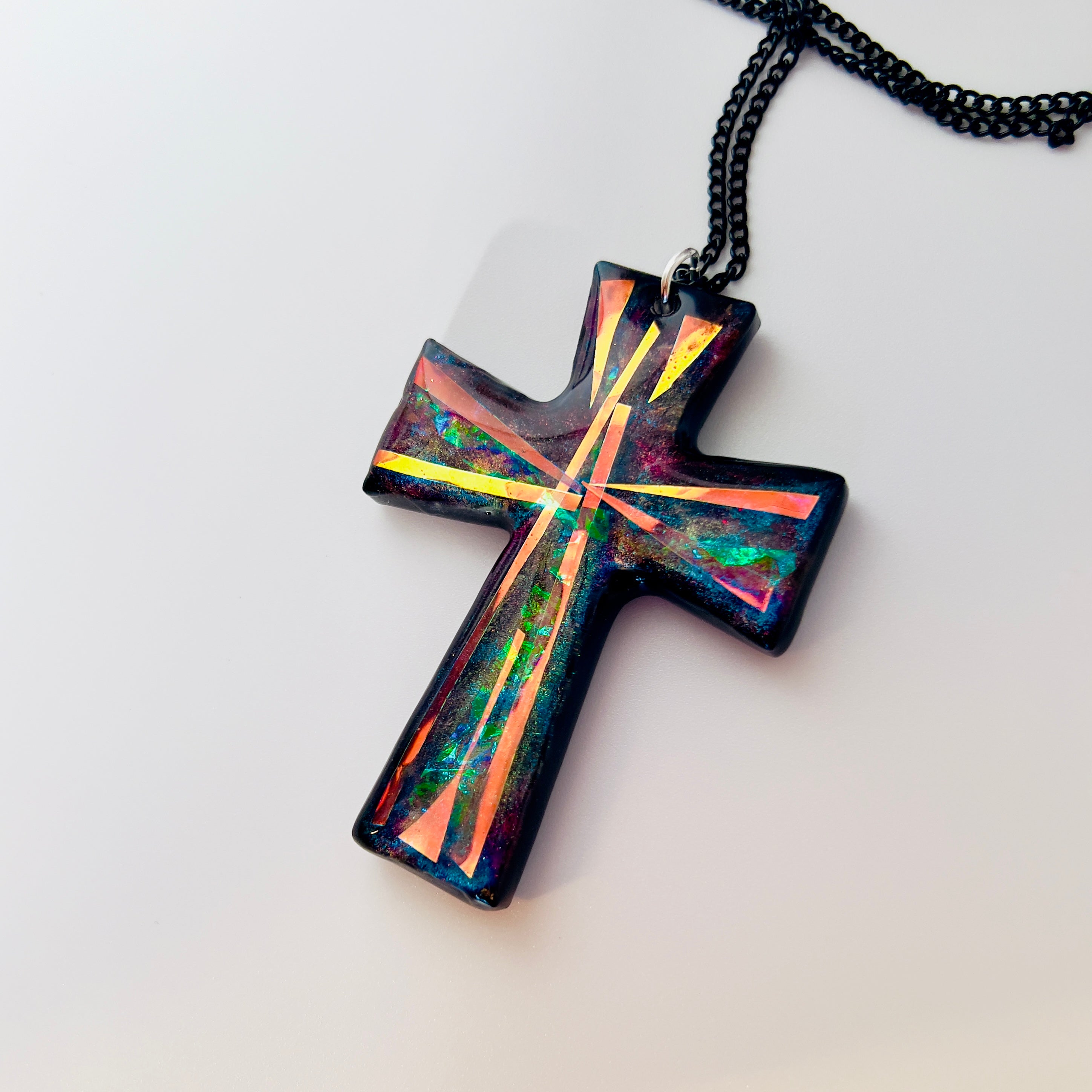 Dichroic Resin Cross Pendant: Iridescent Blue Silver Crucifix Necklace, Unique