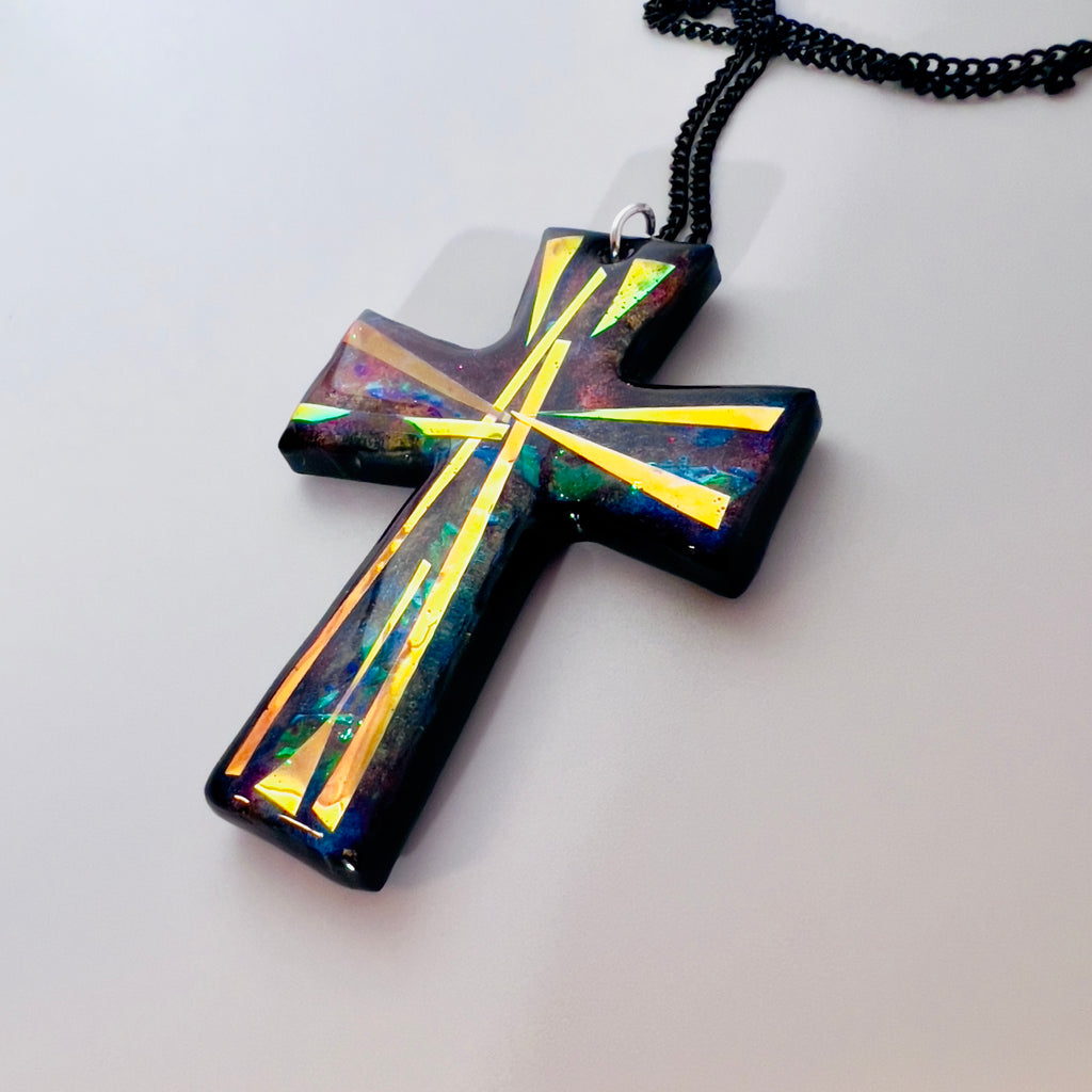 Dichroic Resin Cross Pendant: Iridescent Blue Silver Crucifix Necklace, Unique