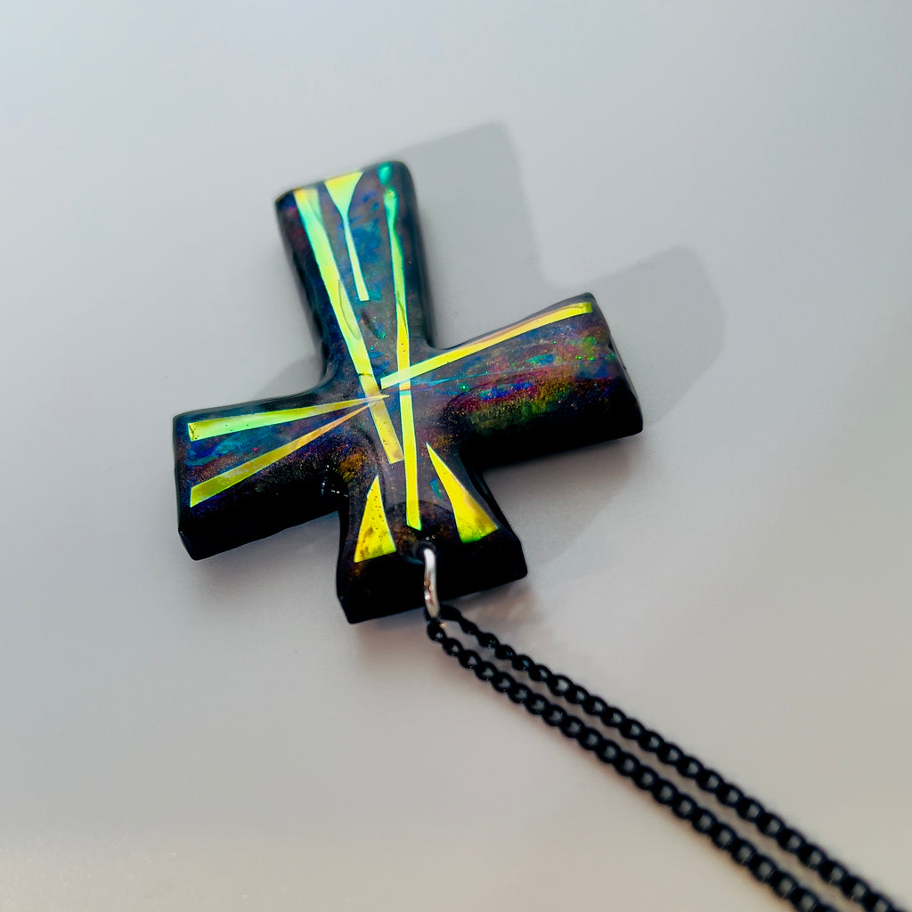 Dichroic Resin Cross Pendant: Iridescent Blue Silver Crucifix Necklace, Unique