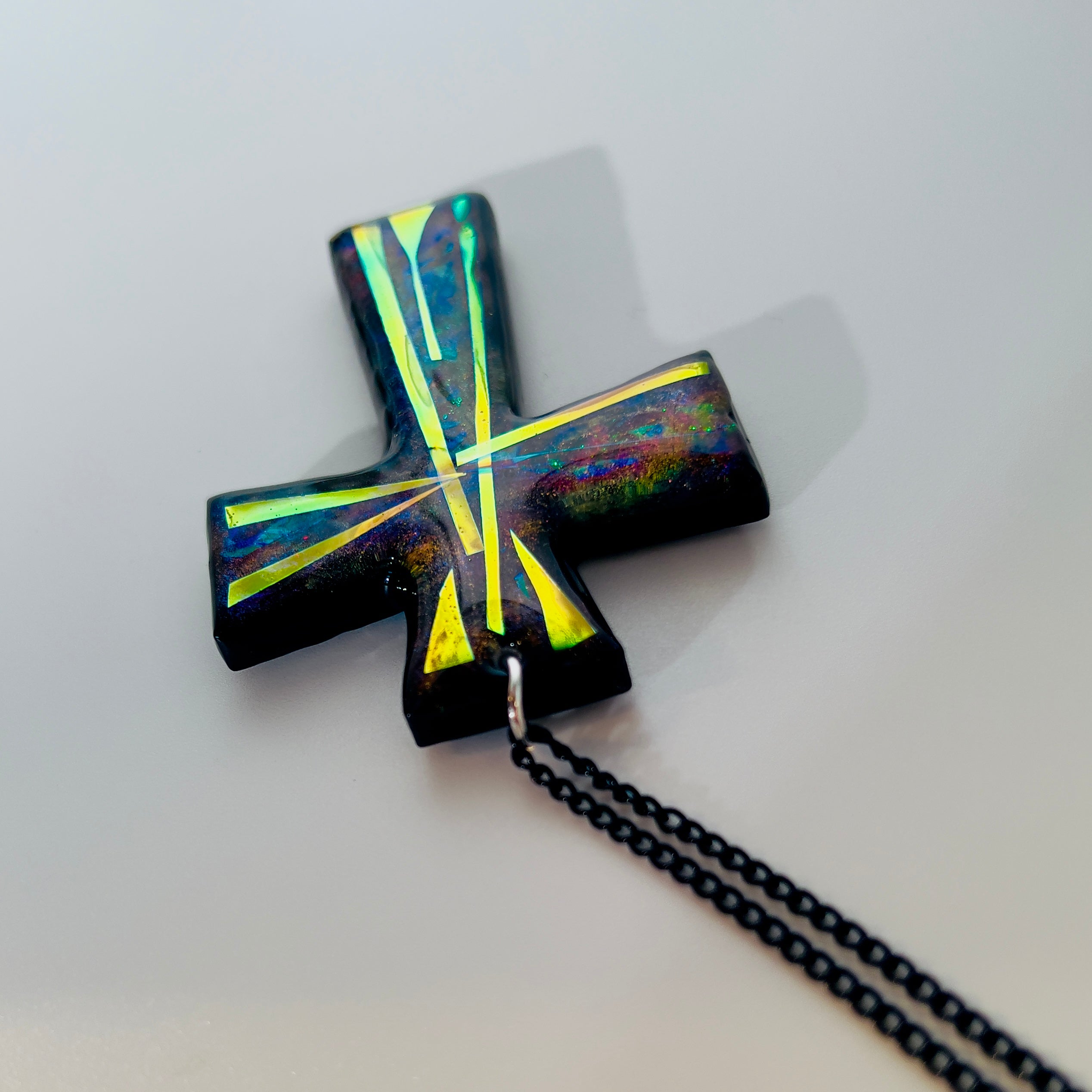 Dichroic Resin Cross Pendant: Iridescent Blue Silver Crucifix Necklace, Unique