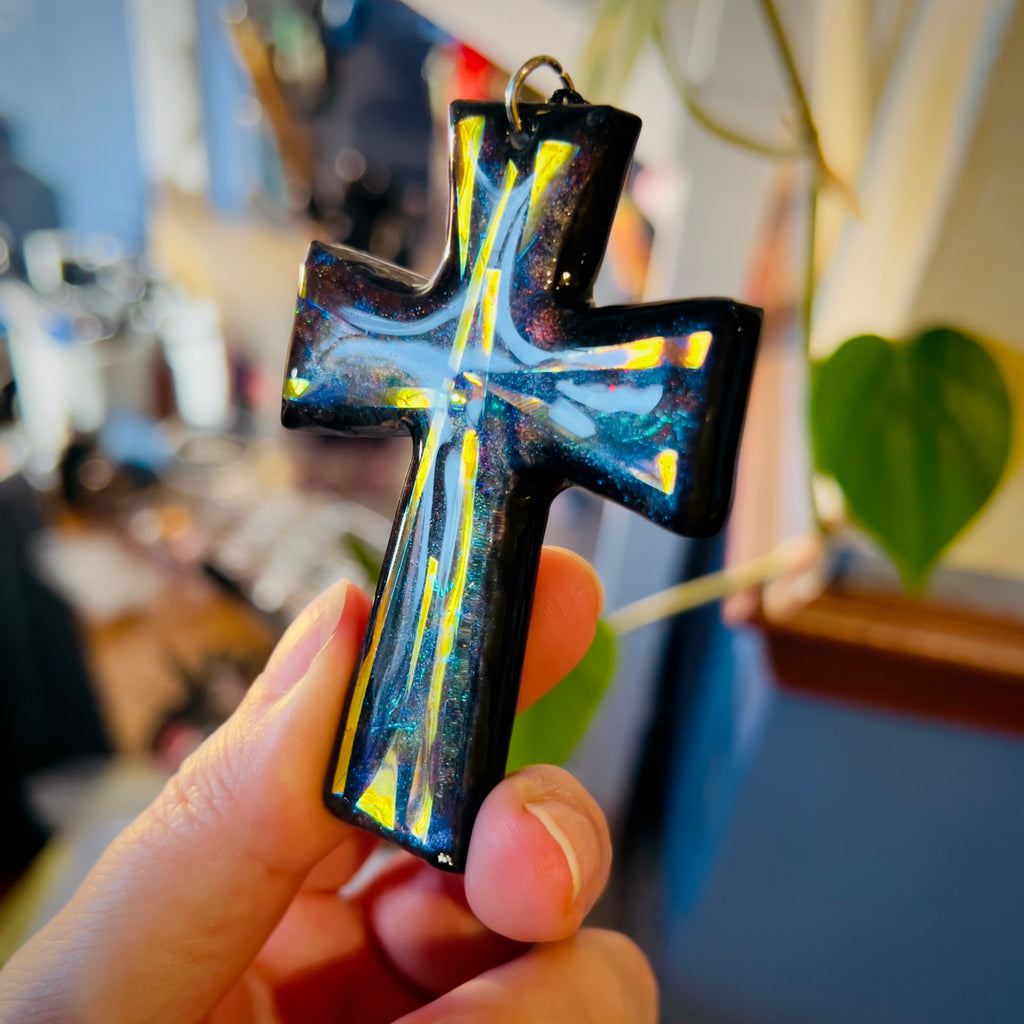 Dichroic Resin Cross Pendant: Iridescent Blue Silver Crucifix Necklace, Unique