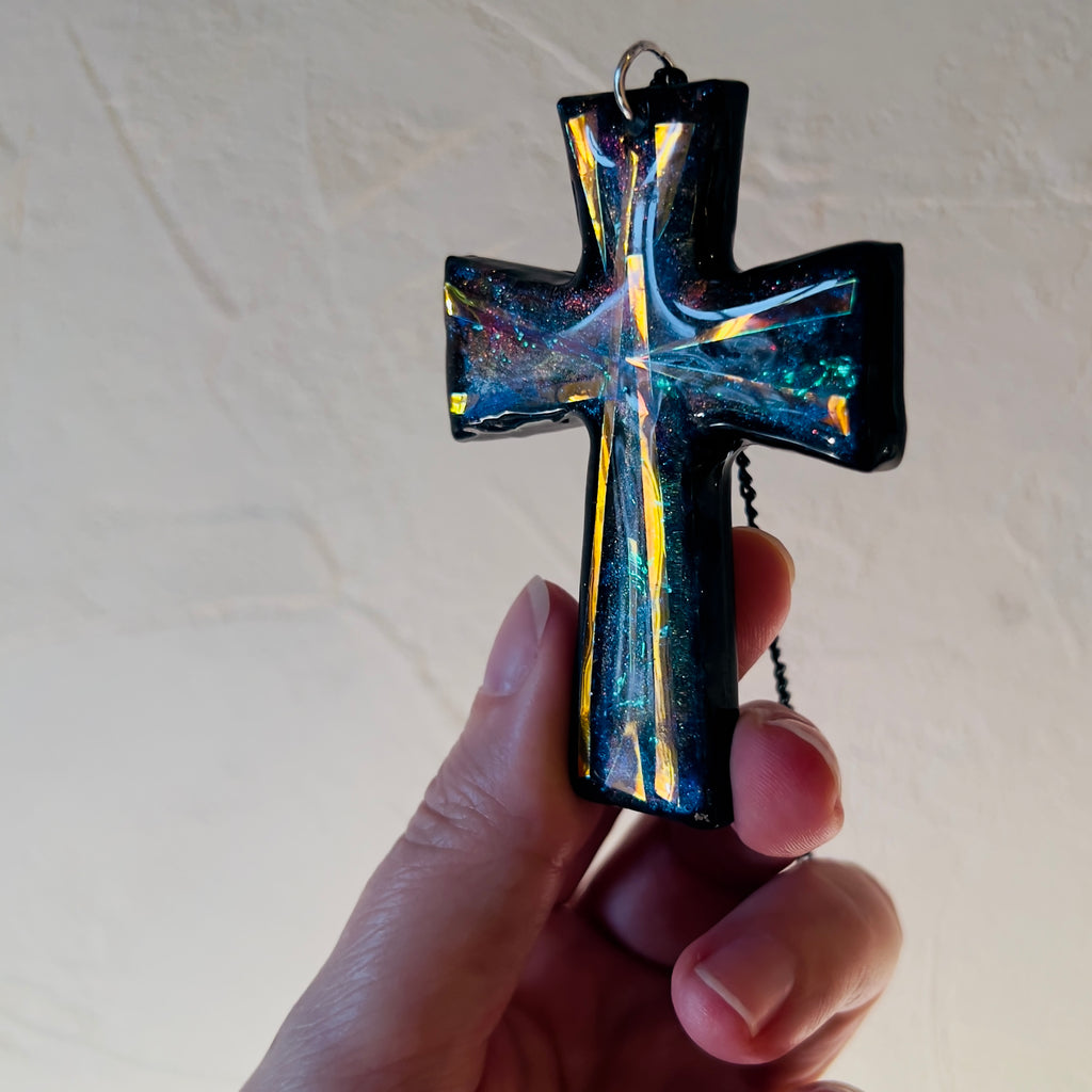 Dichroic Resin Cross Pendant: Iridescent Blue Silver Crucifix Necklace, Unique
