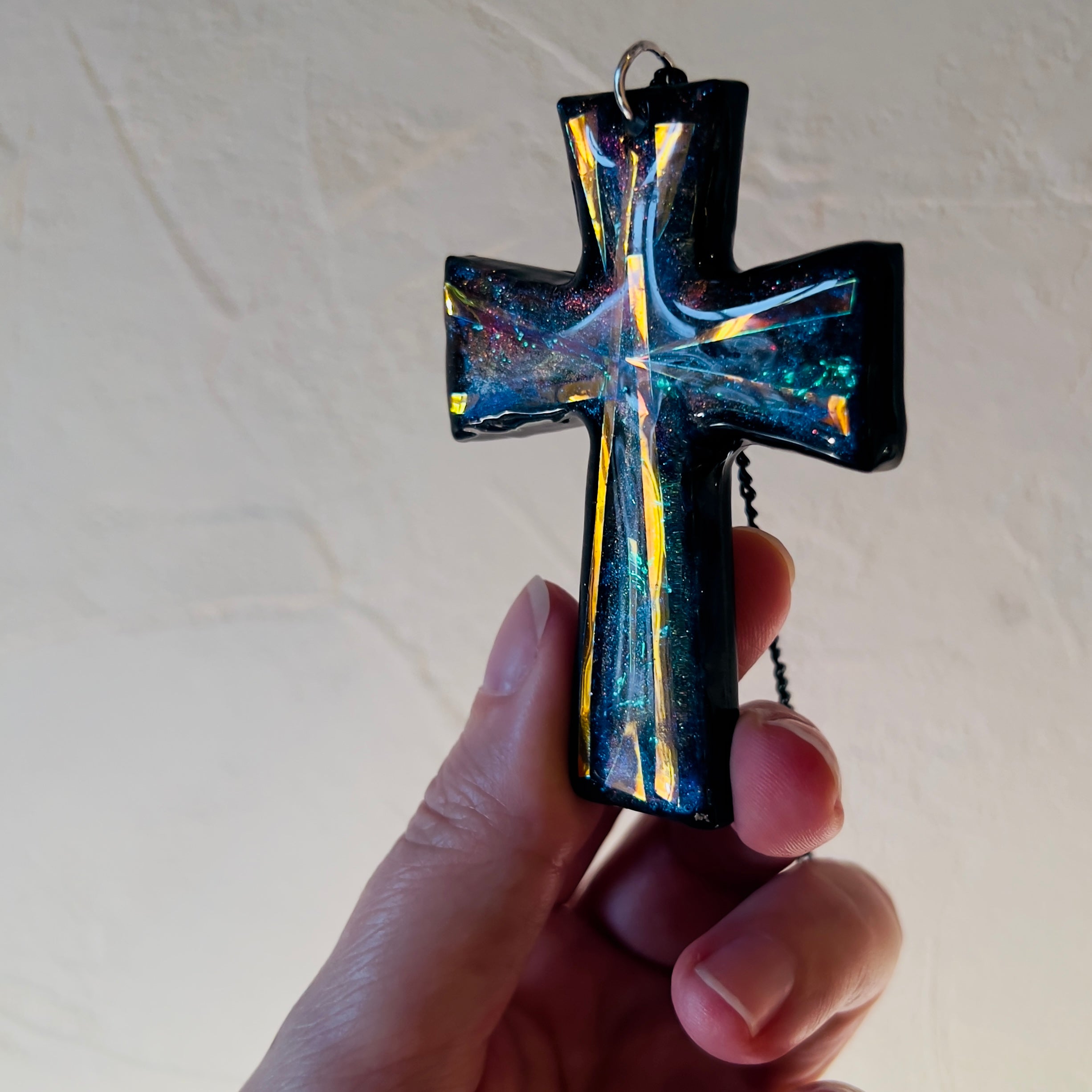Dichroic Resin Cross Pendant: Iridescent Blue Silver Crucifix Necklace, Unique