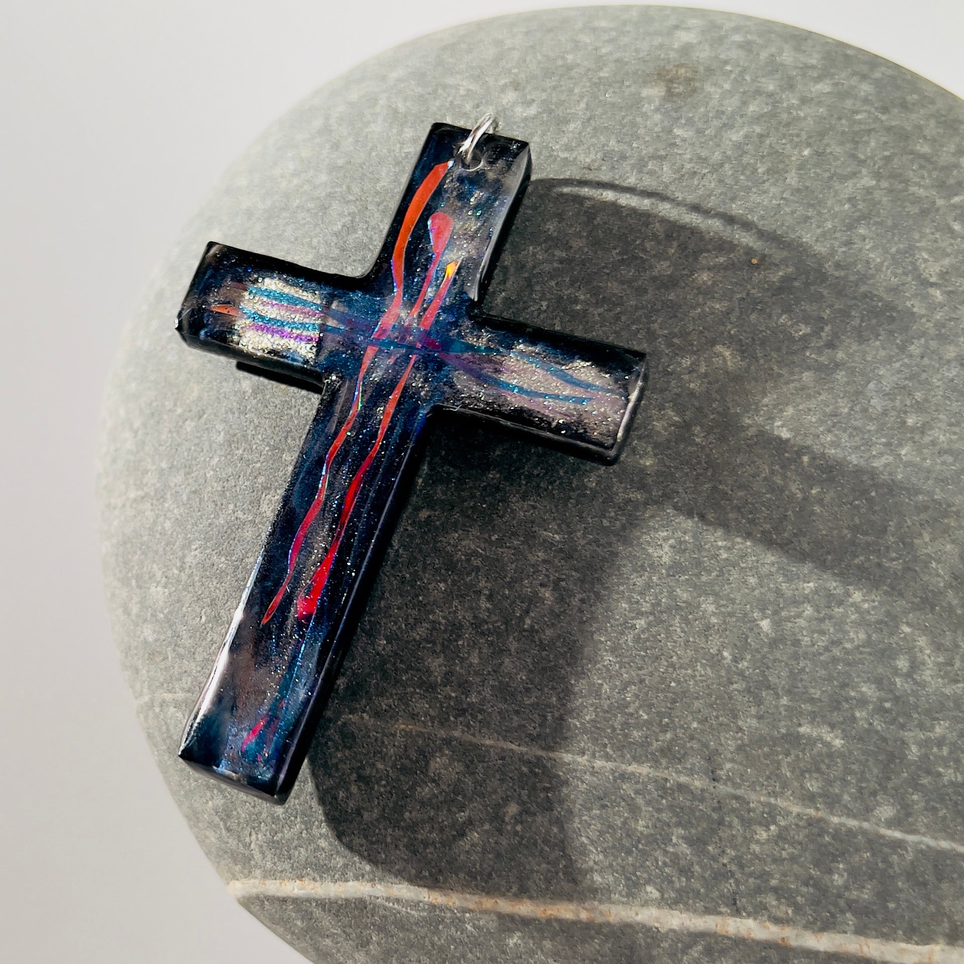 Dichroic Resin Cross Pendant: Iridescent Rainbow Blue Silver Crucifix Necklace, Unique
