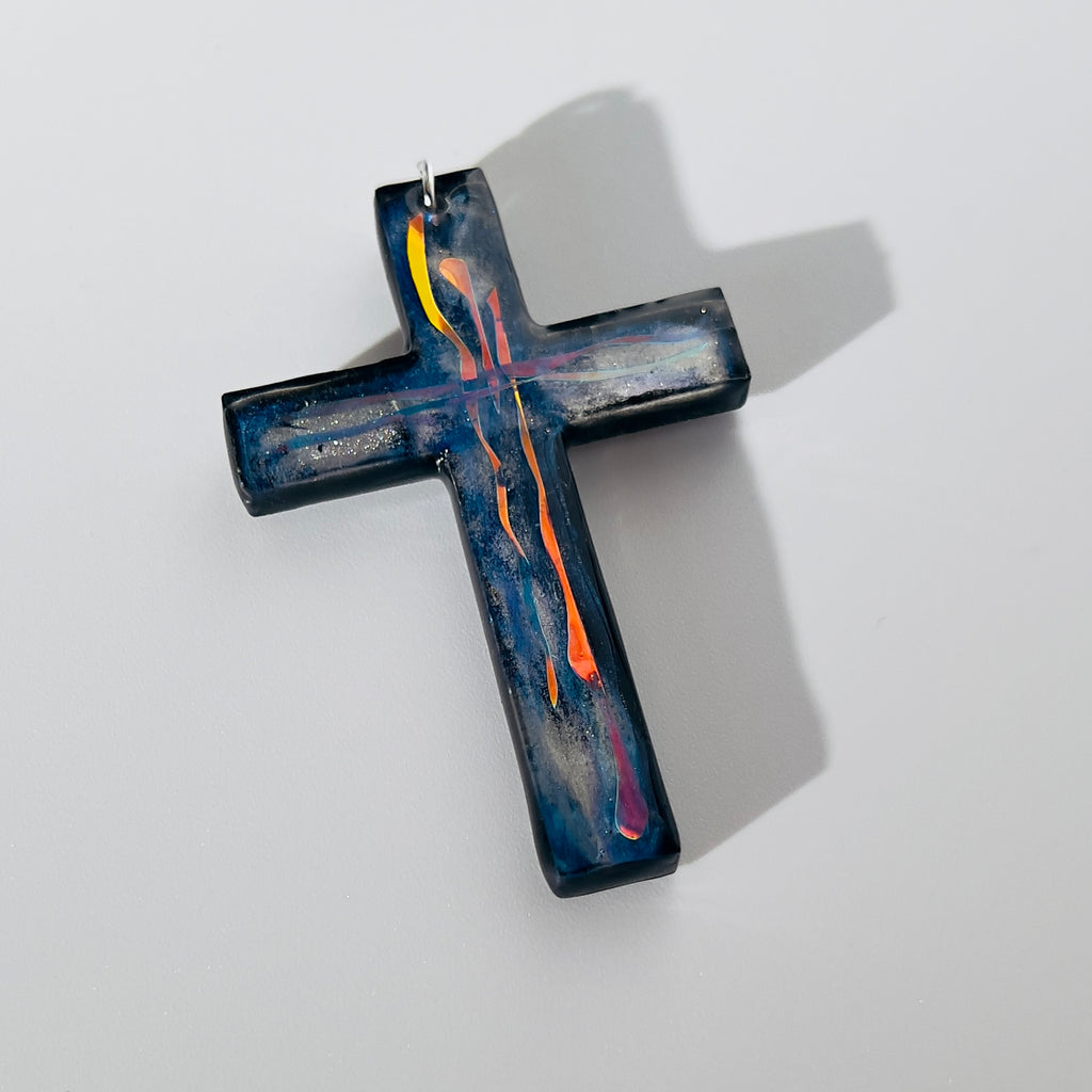 Dichroic Resin Cross Pendant: Iridescent Rainbow Blue Silver Crucifix Necklace, Unique