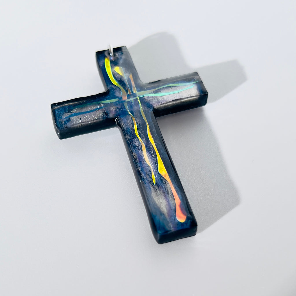Dichroic Resin Cross Pendant: Iridescent Rainbow Blue Silver Crucifix Necklace, Unique