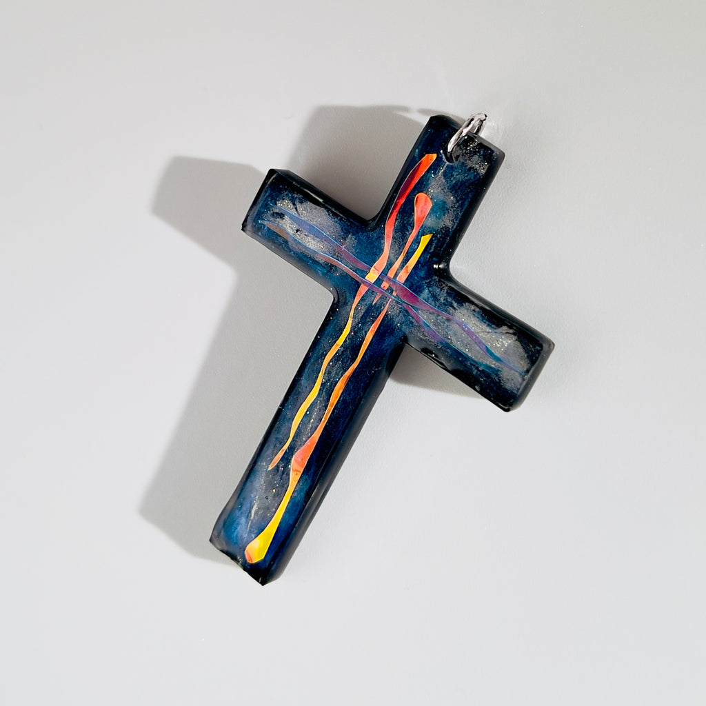 Dichroic Resin Cross Pendant: Iridescent Rainbow Blue Silver Crucifix Necklace, Unique