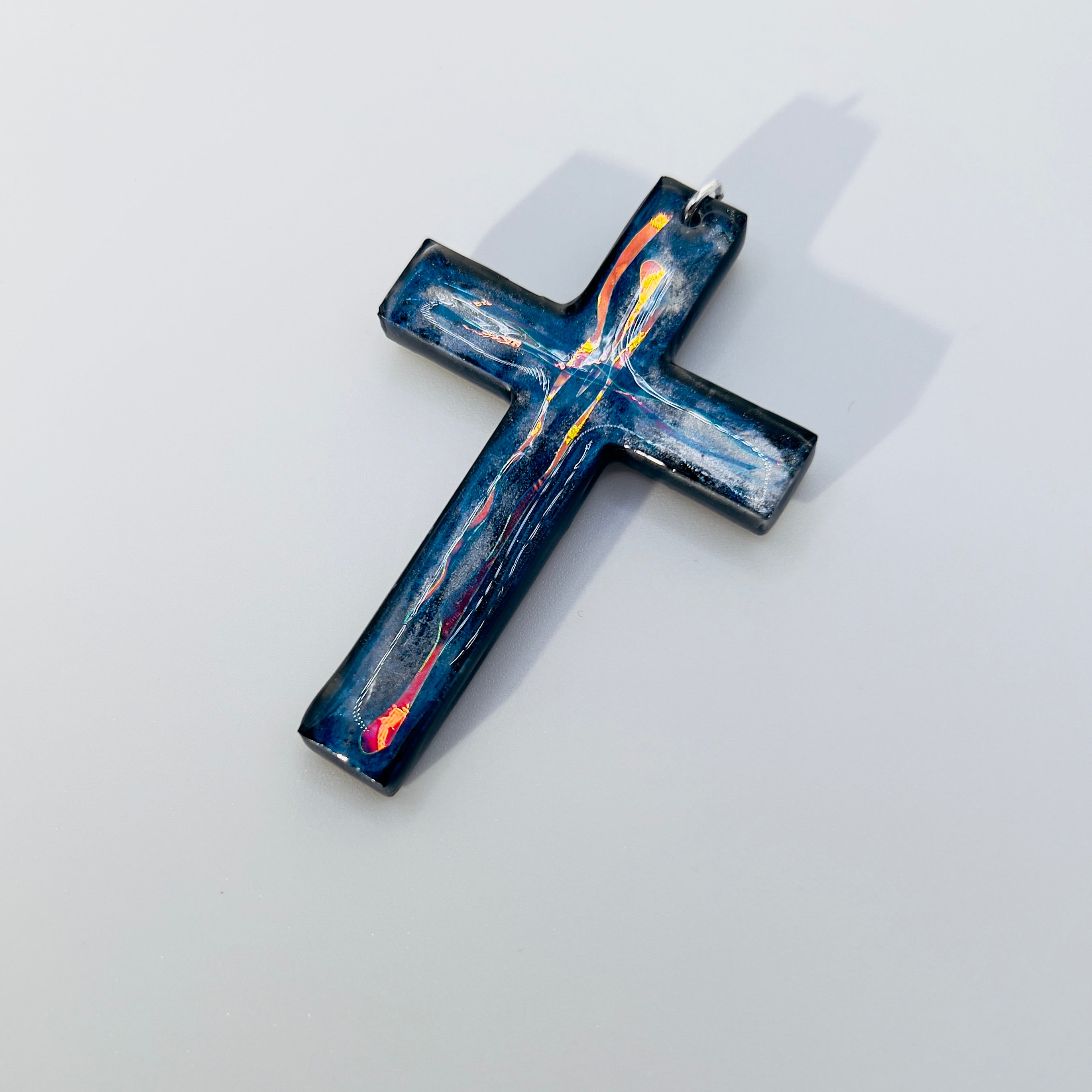 Dichroic Resin Cross Pendant: Iridescent Rainbow Blue Silver Crucifix Necklace, Unique