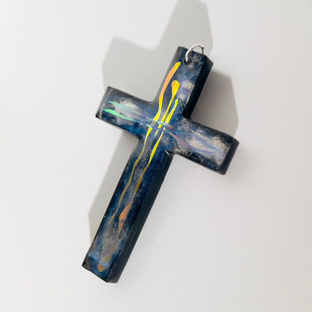 Dichroic Resin Cross Pendant: Iridescent Rainbow Blue Silver Crucifix Necklace, Unique