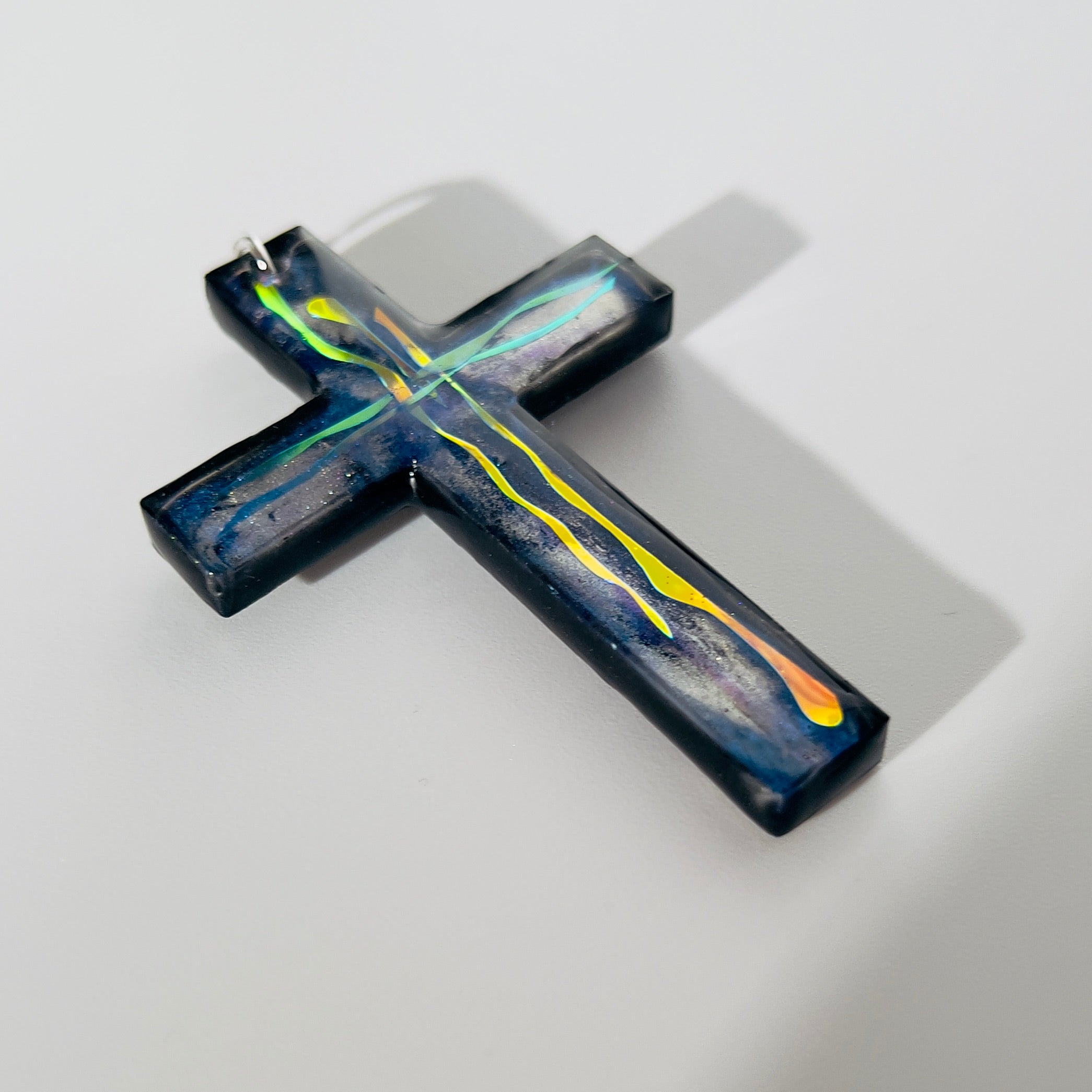 Dichroic Resin Cross Pendant: Iridescent Rainbow Blue Silver Crucifix Necklace, Unique