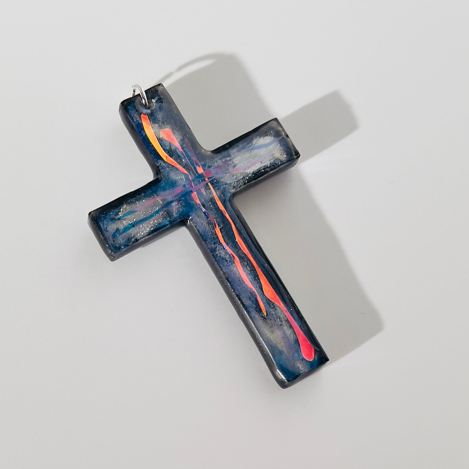 Dichroic Resin Cross Pendant: Iridescent Rainbow Blue Silver Crucifix Necklace, Unique