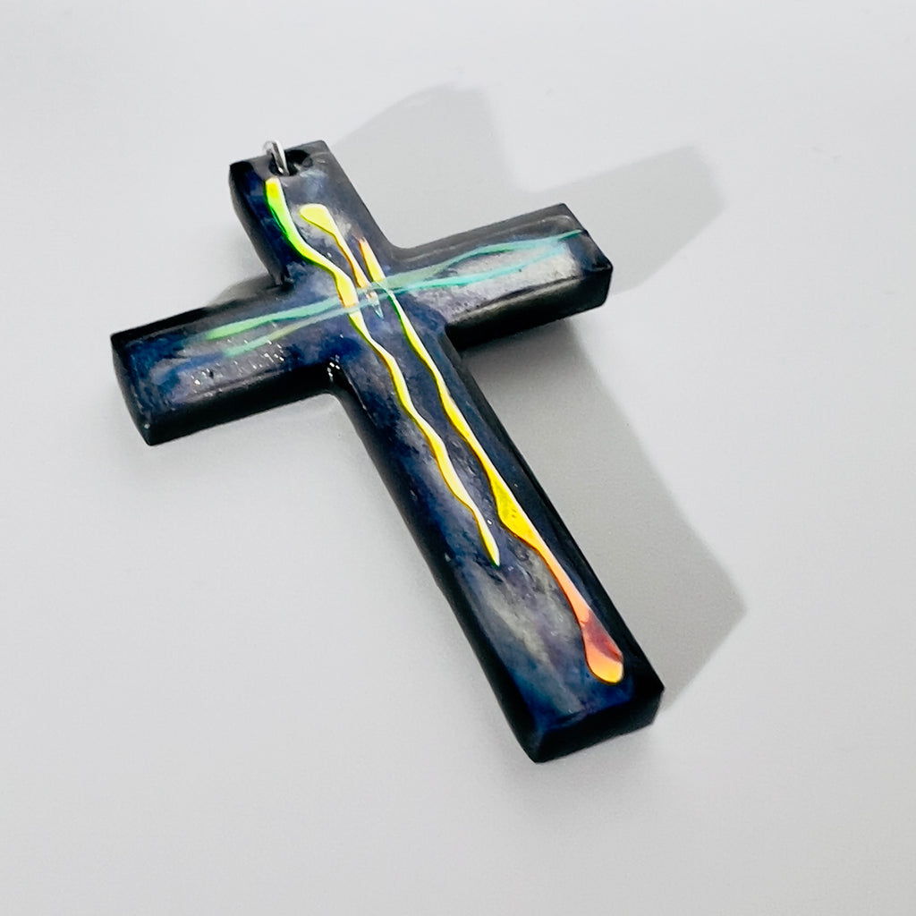 Dichroic Resin Cross Pendant: Iridescent Rainbow Blue Silver Crucifix Necklace, Unique