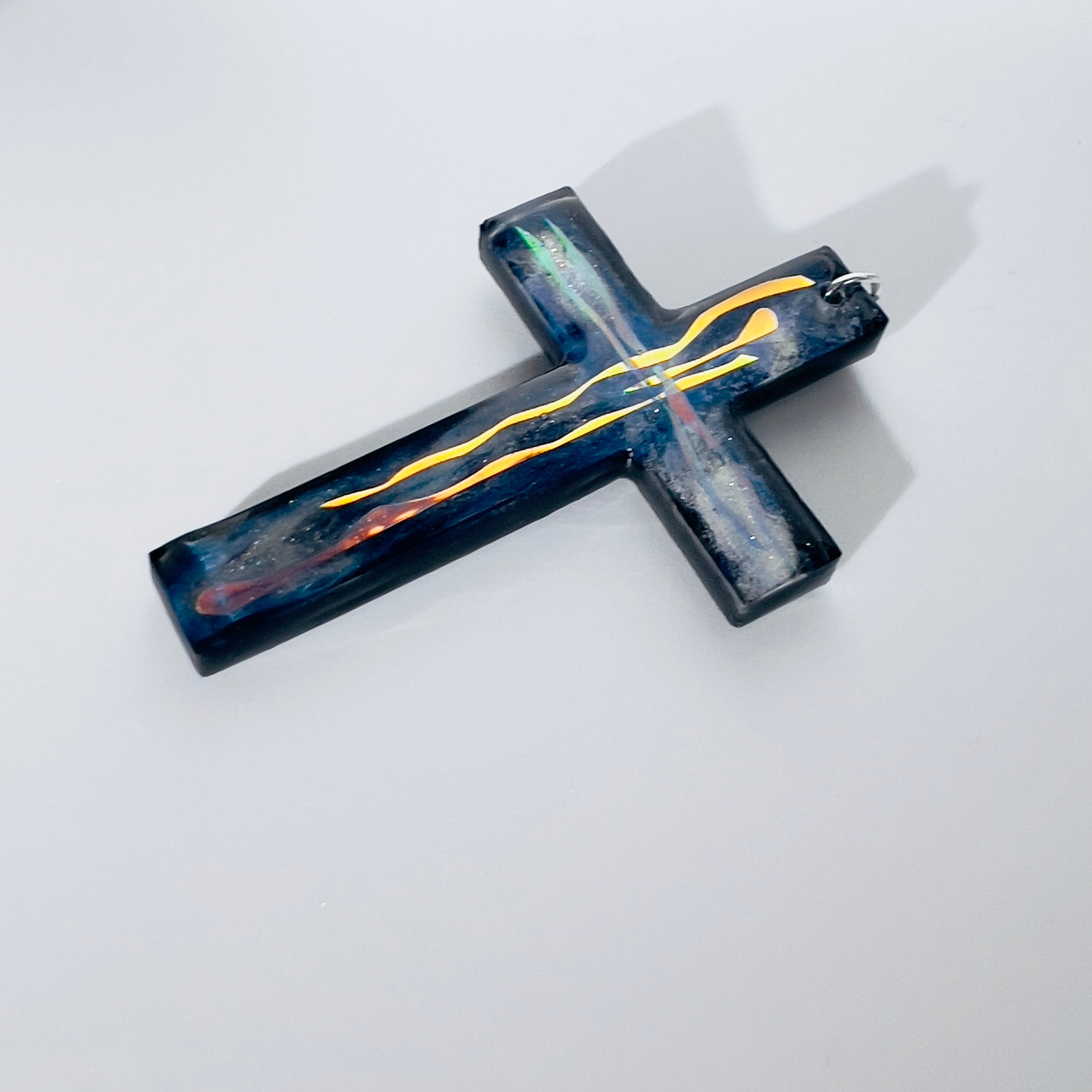 Dichroic Resin Cross Pendant: Iridescent Rainbow Blue Silver Crucifix Necklace, Unique