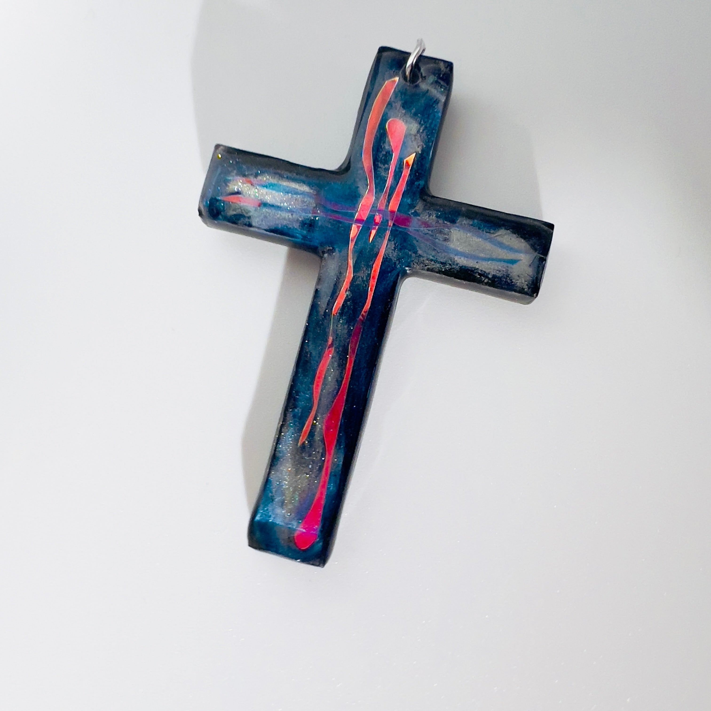 Dichroic Resin Cross Pendant: Iridescent Rainbow Blue Silver Crucifix Necklace, Unique