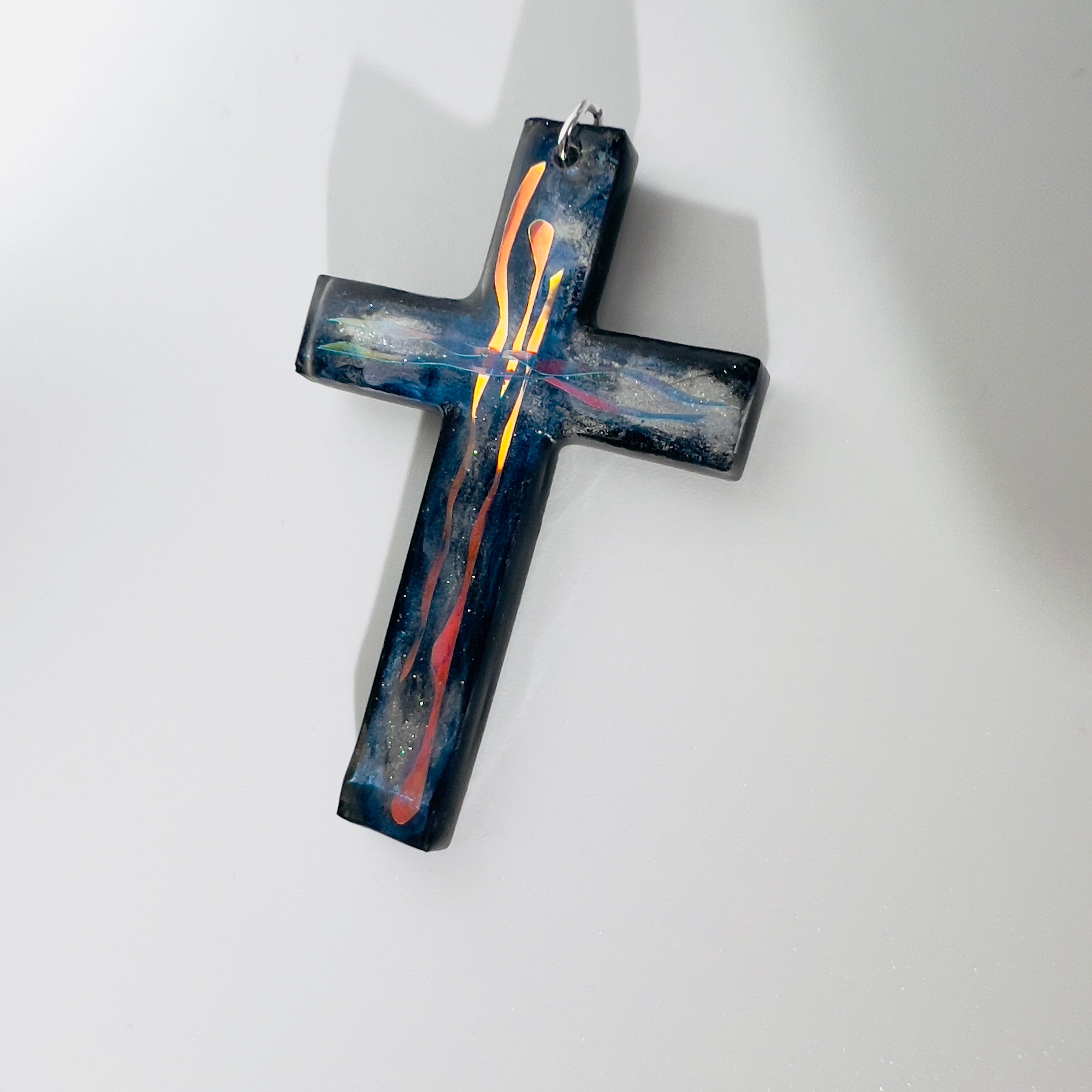 Dichroic Resin Cross Pendant: Iridescent Rainbow Blue Silver Crucifix Necklace, Unique
