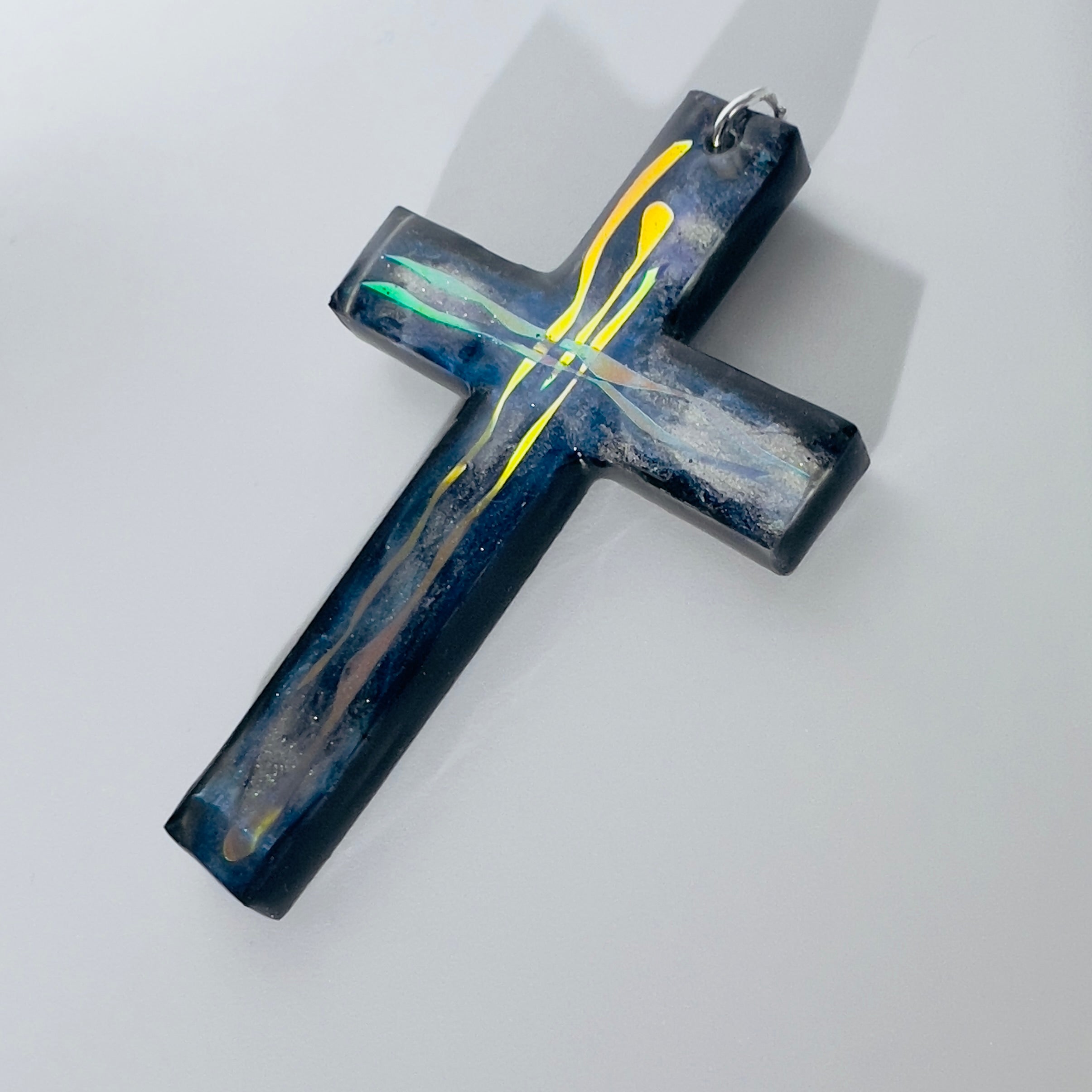Dichroic Resin Cross Pendant: Iridescent Rainbow Blue Silver Crucifix Necklace, Unique