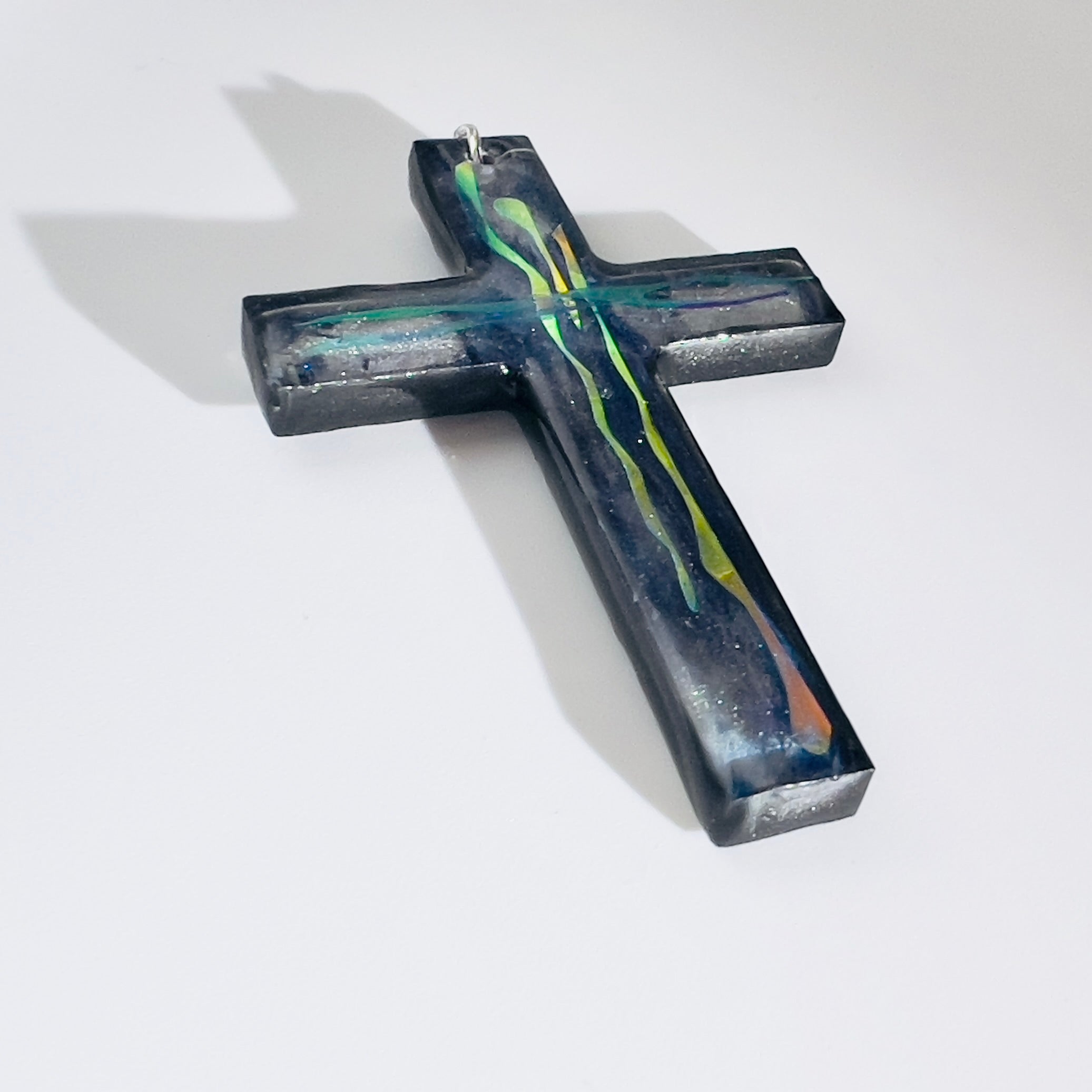 Dichroic Resin Cross Pendant: Iridescent Rainbow Blue Silver Crucifix Necklace, Unique