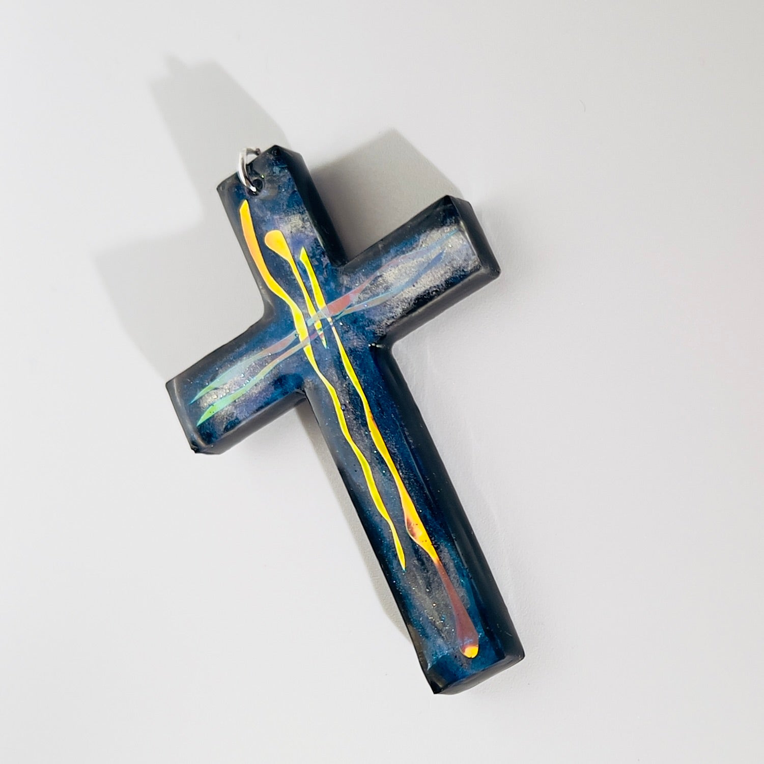Dichroic Resin Cross Pendant: Iridescent Rainbow Blue Silver Crucifix Necklace, Unique