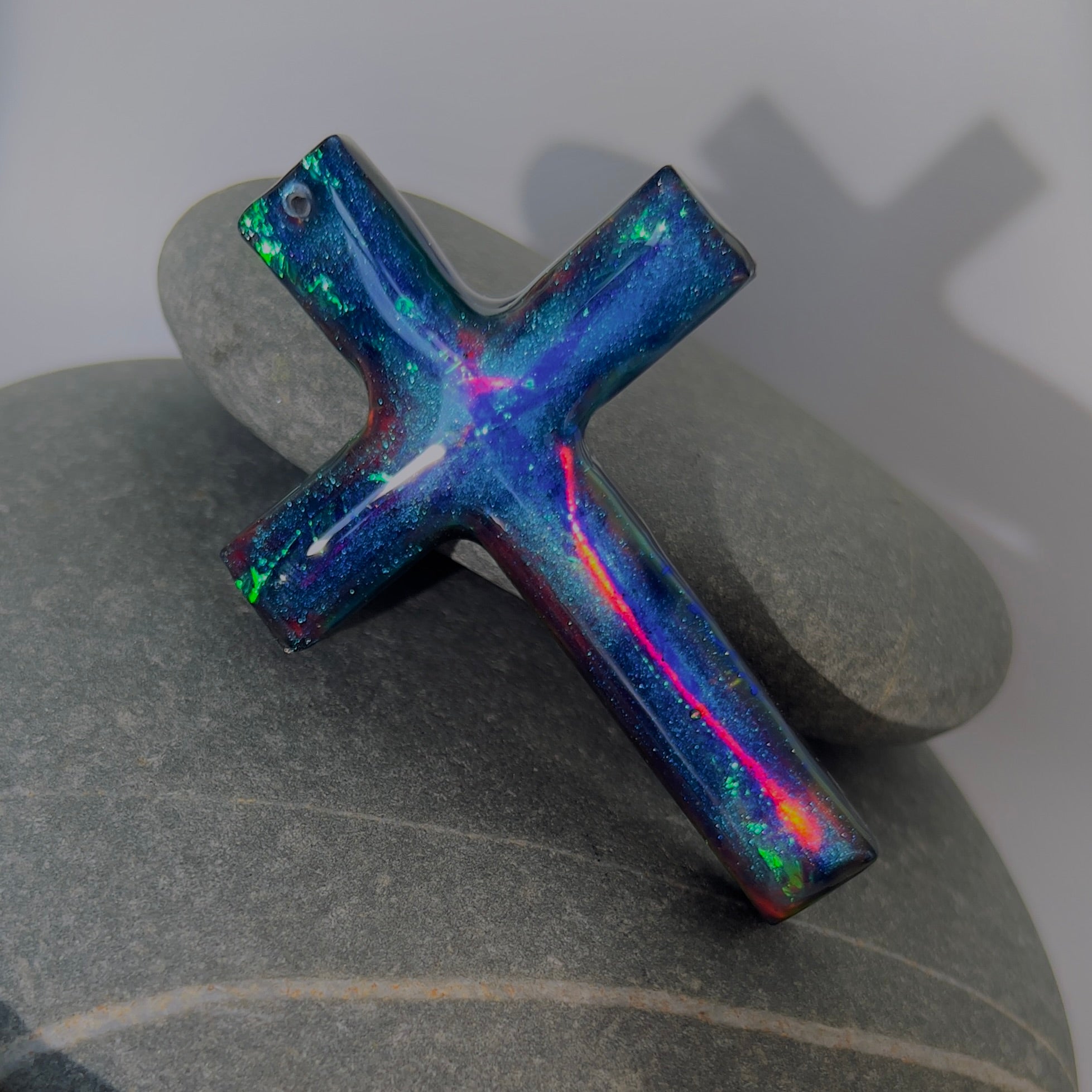 Dichroic Aurora Resin Cross Pendant: Iridescent Crucifix Necklace, Unique
