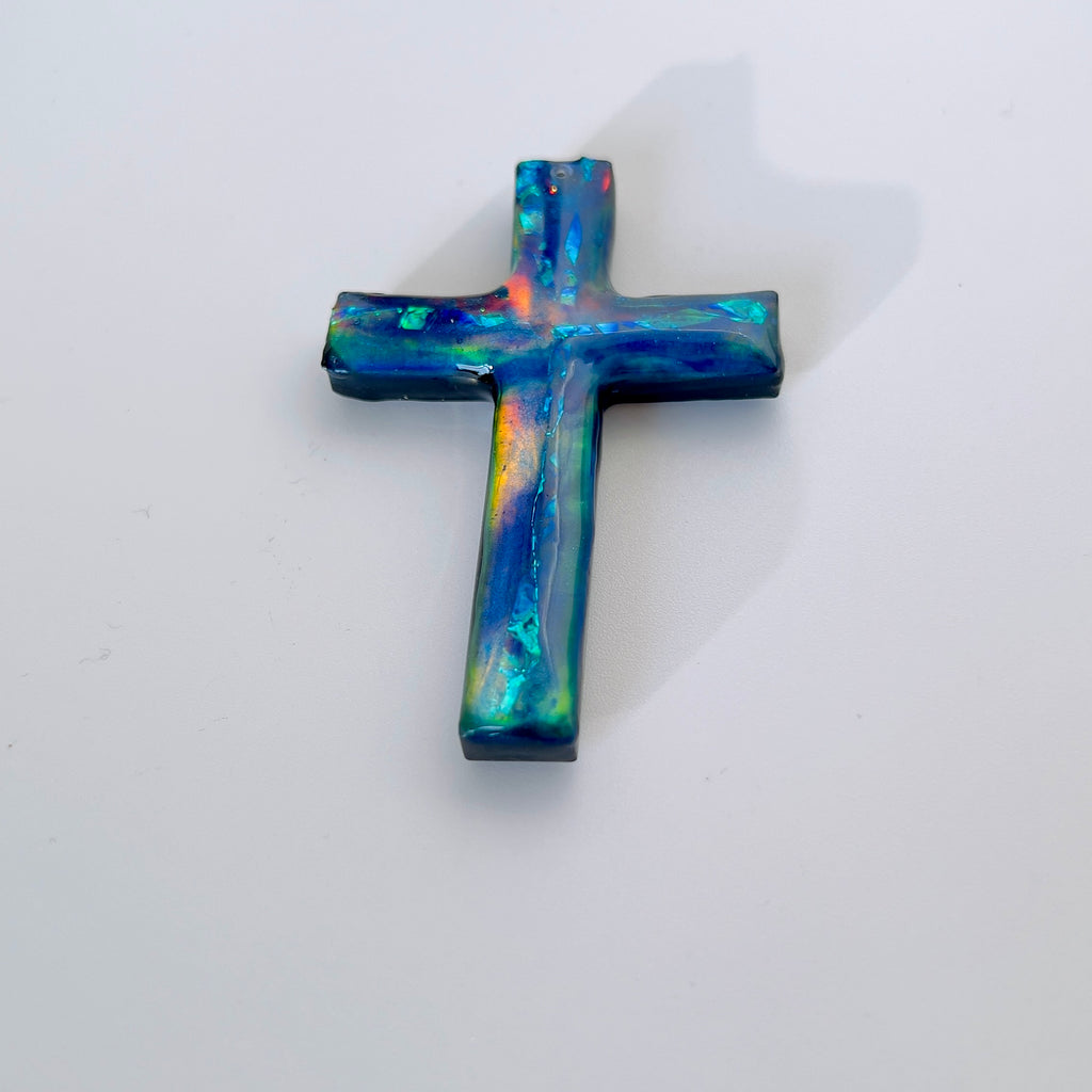 Dichroic Aurora Resin Cross Pendant: Iridescent Crucifix Necklace, Unique