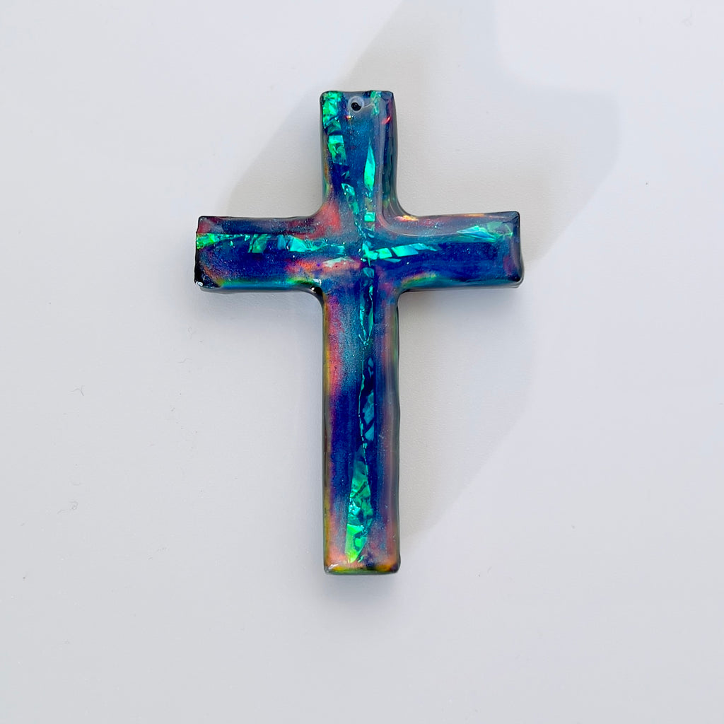 Dichroic Aurora Resin Cross Pendant: Iridescent Crucifix Necklace, Unique