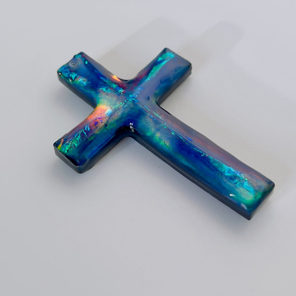 Dichroic Aurora Resin Cross Pendant: Iridescent Crucifix Necklace, Unique