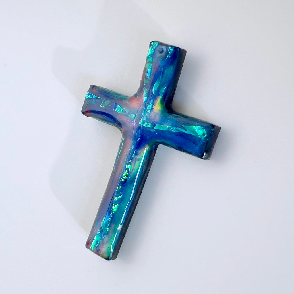 Dichroic Aurora Resin Cross Pendant: Iridescent Crucifix Necklace, Unique