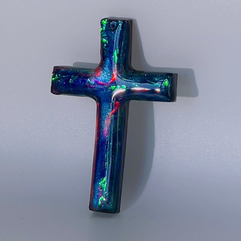 Dichroic Aurora Resin Cross Pendant: Iridescent Crucifix Necklace, Unique