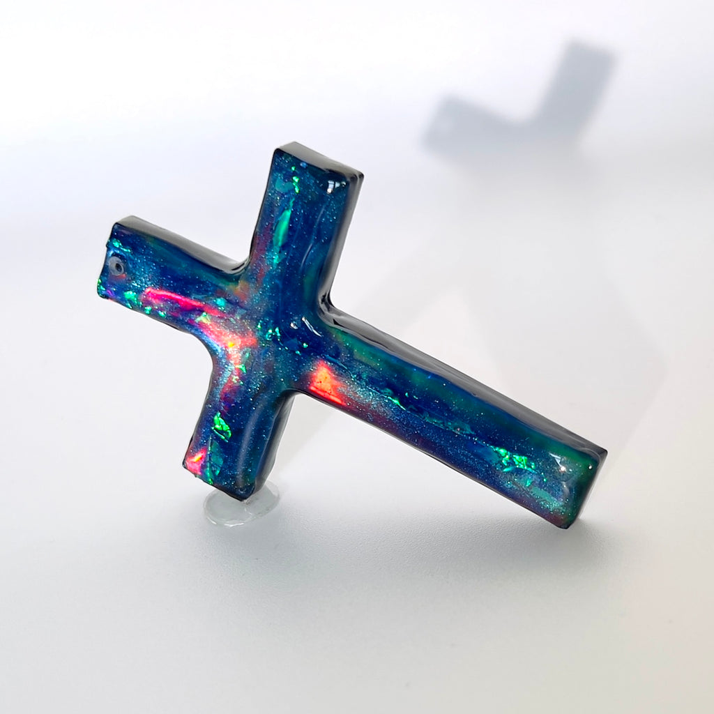 Dichroic Aurora Resin Cross Pendant: Iridescent Crucifix Necklace, Unique