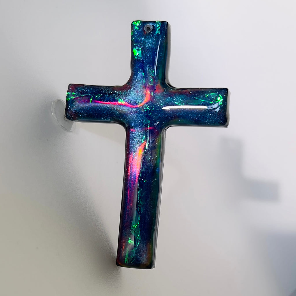 Dichroic Aurora Resin Cross Pendant: Iridescent Crucifix Necklace, Unique