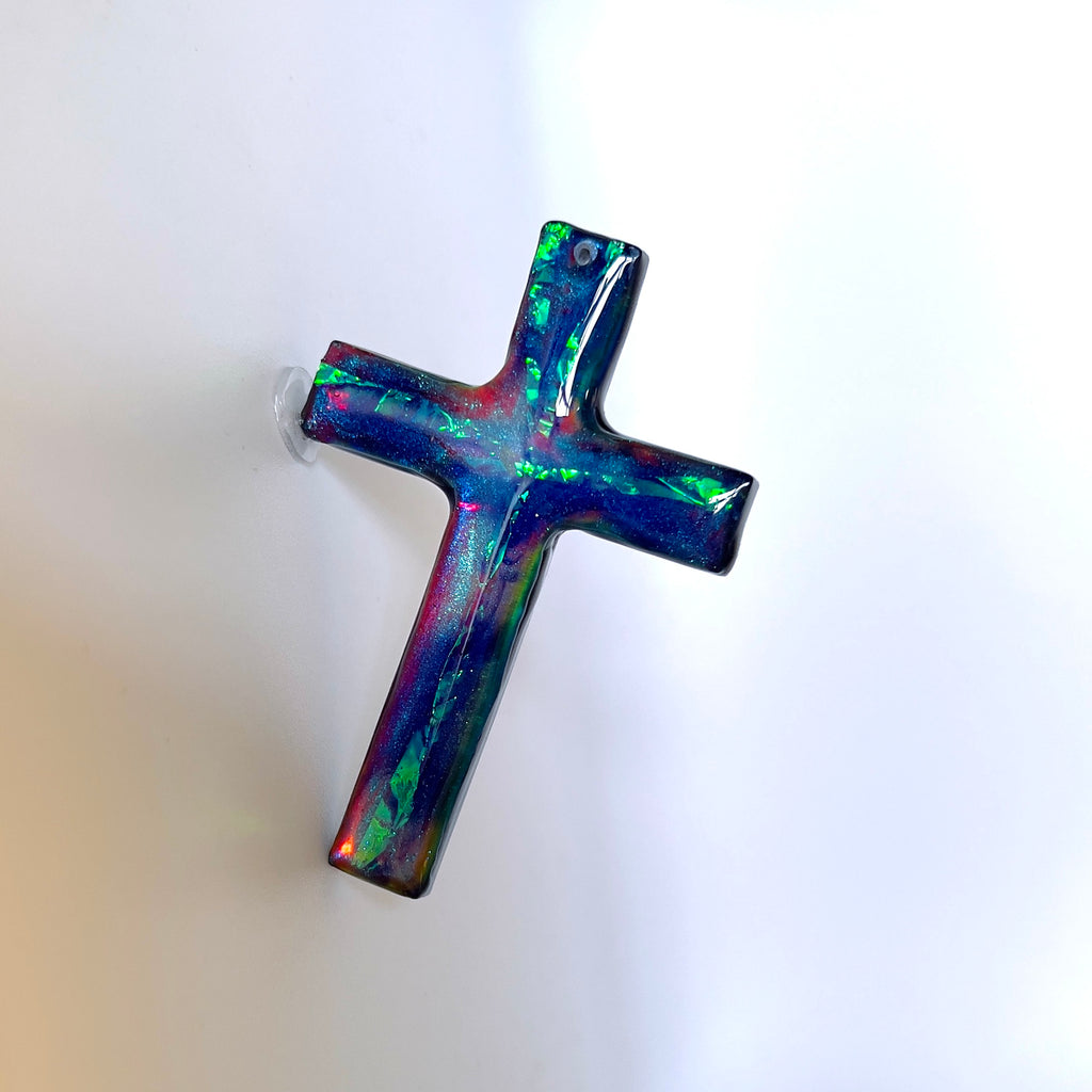 Dichroic Aurora Resin Cross Pendant: Iridescent Crucifix Necklace, Unique