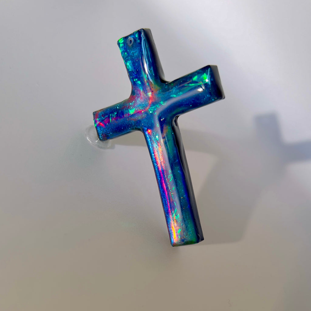 Dichroic Aurora Resin Cross Pendant: Iridescent Crucifix Necklace, Unique