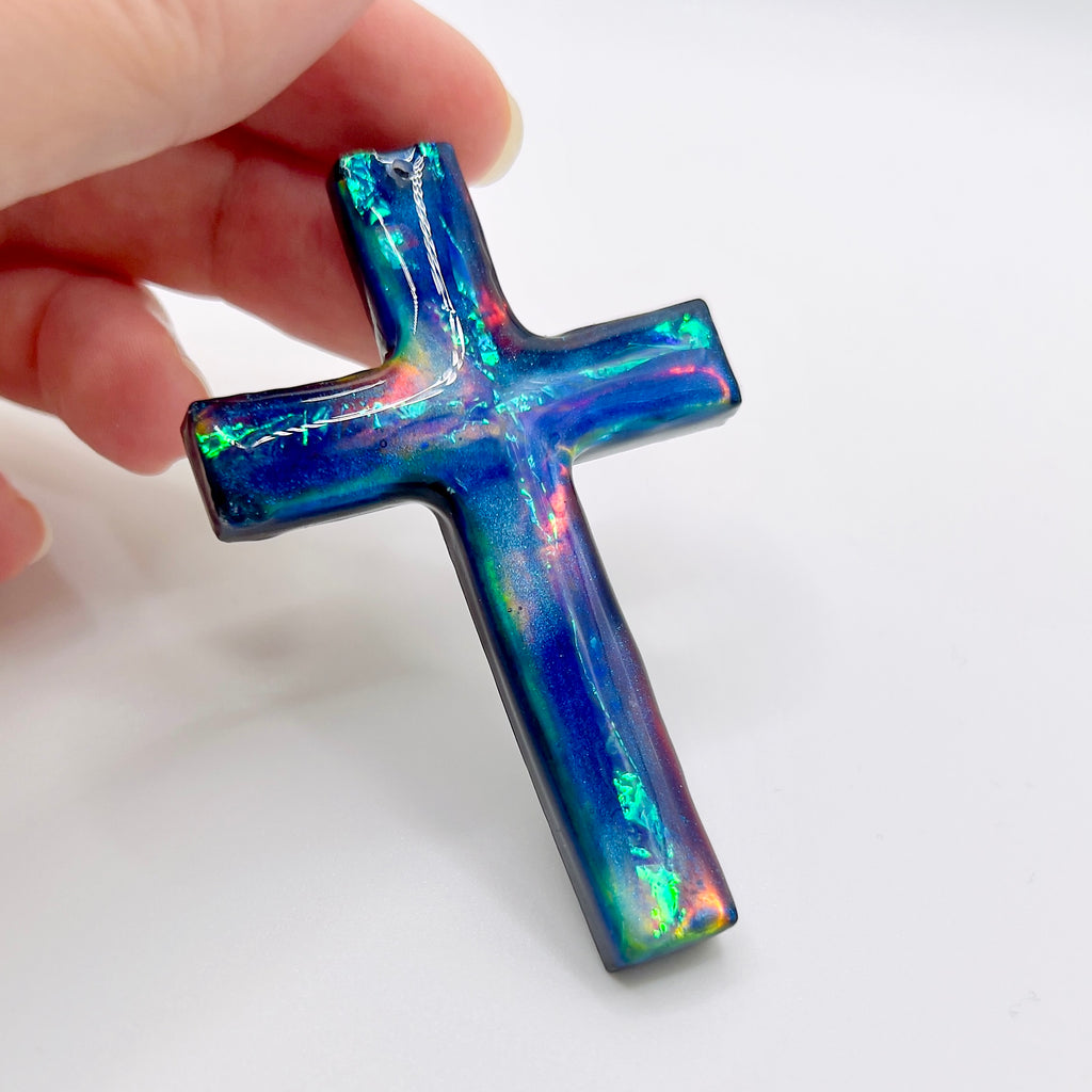 Dichroic Aurora Resin Cross Pendant: Iridescent Crucifix Necklace, Unique