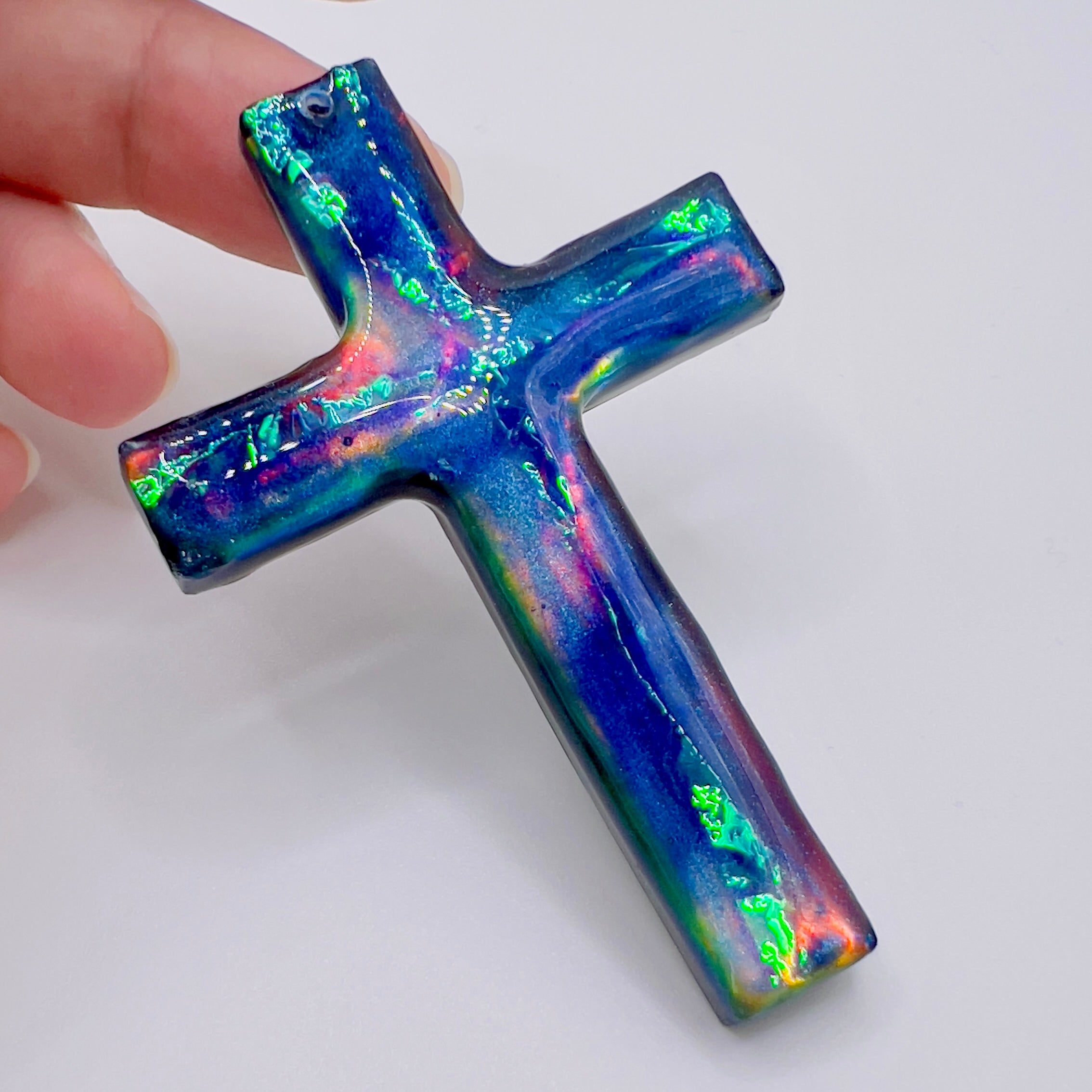 Dichroic Aurora Resin Cross Pendant: Iridescent Crucifix Necklace, Unique
