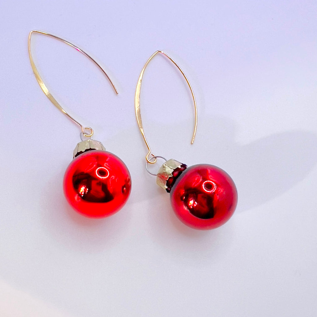 Red Christmas Bauble Drop Earrings - Festive Holiday - Miniature Ornament Dangles